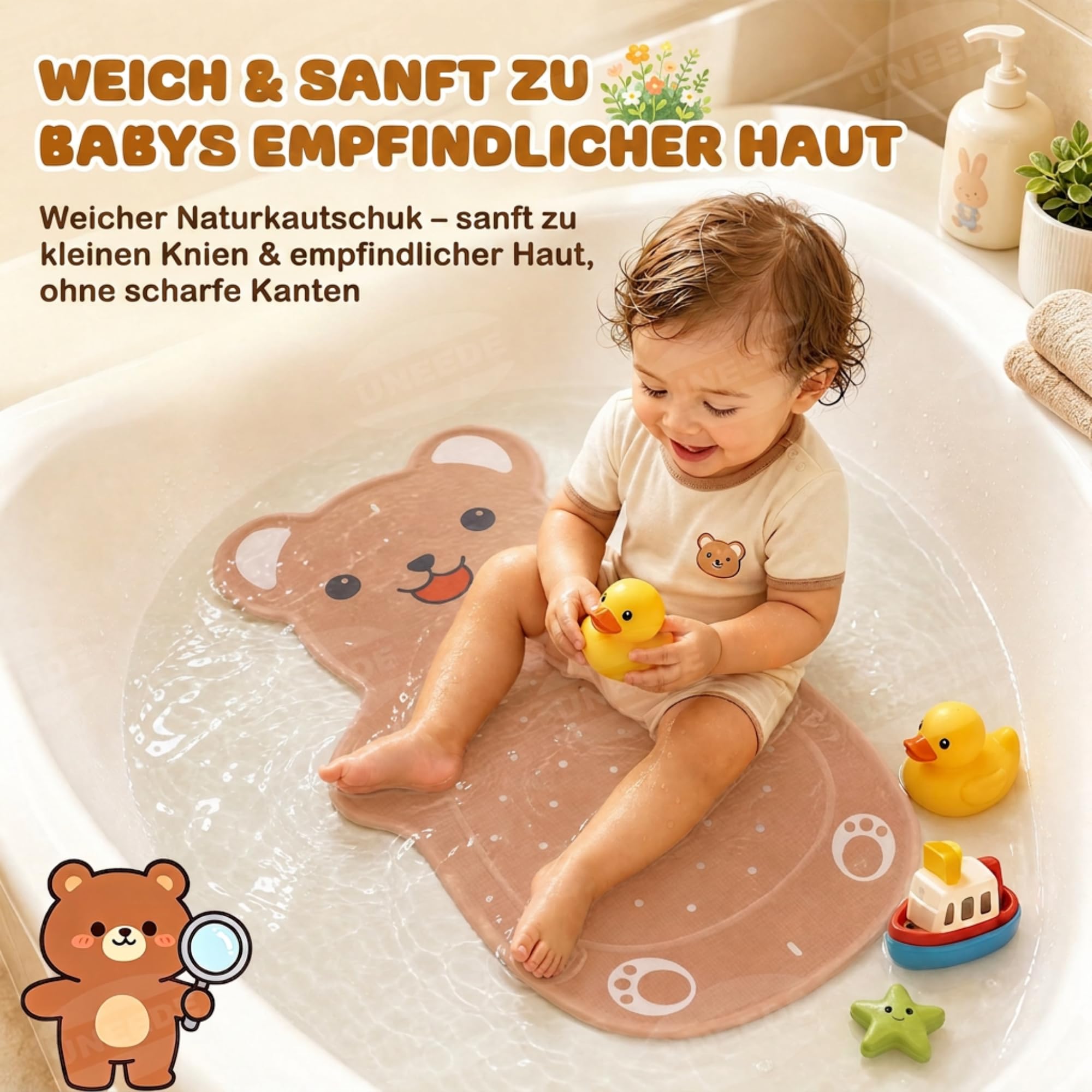 UNEEDE Bären Antirutschmatte Badewanne Kinder, 76x45cm Babybadematte aus Naturkautschuk, rutschfeste Badewannenmatte mit 126 Saugnäpfen & 43 Abflusslöchern, maschinenwaschbar