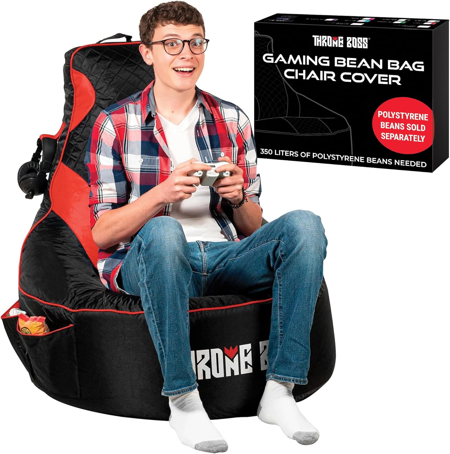 Throne Boss Gaming Bean Bag Chair Cover for Adults with High Back, Red – Large Floor Gaming Chair Cover, Easy to Clean Fabric, Large Pockets, Headphone Hanger, Requires 350 Liters Polystyrene Beans