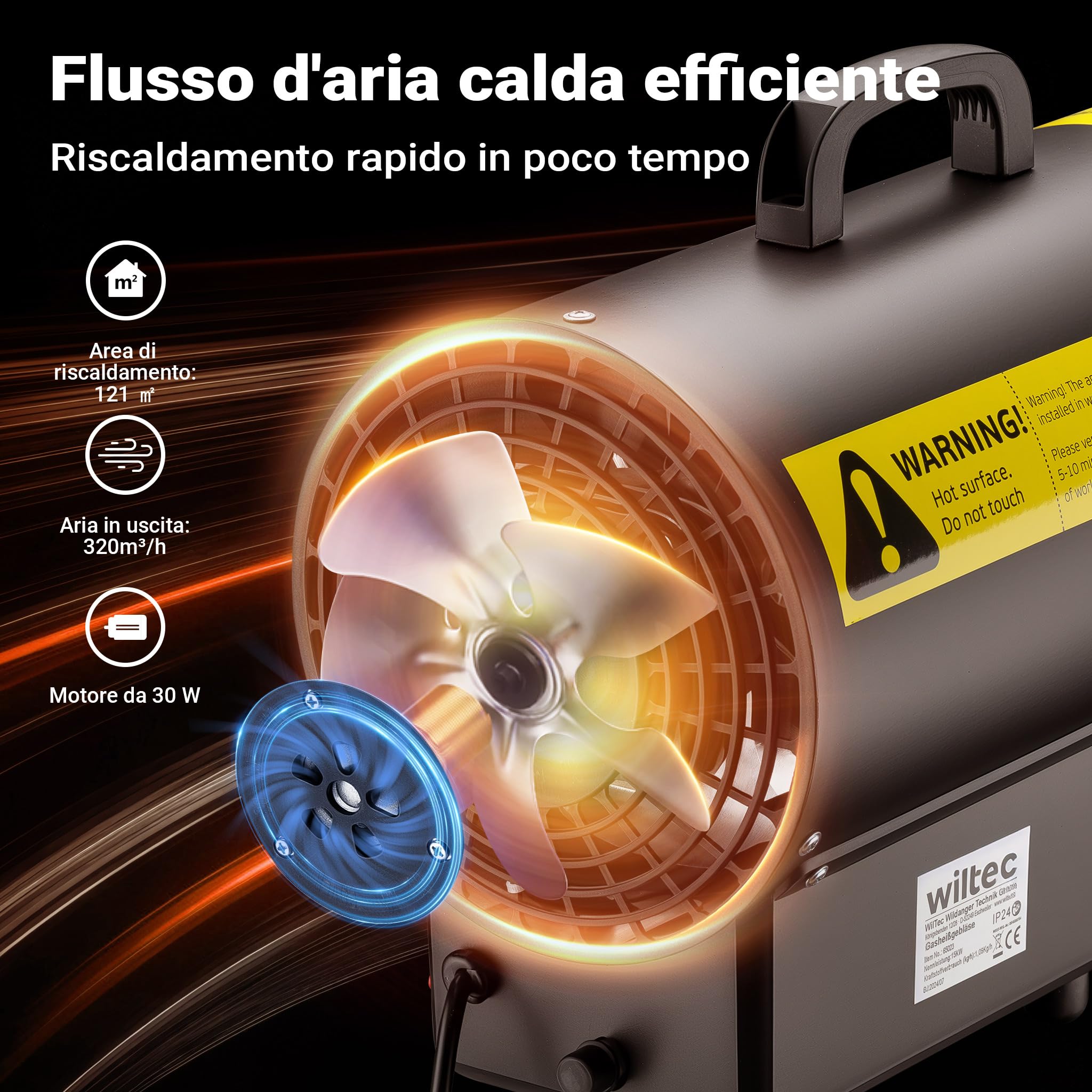 Wiltec Cannone aria calda a gas GPL, con avviamento piezoelettrico, regolatore e tubo 1,5 m, Generatore calore