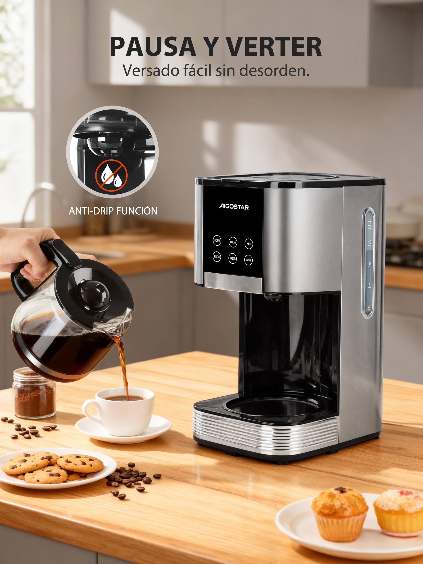 Aigostar Cafetera de Goteo Filtro Programable 24h 1,5L 12 Tazas Acero Inoxidable 1000W Pantalla LCD Ajuste de Intensidad Antigoteo Limpieza Automática Mantenimiento de Calor Negro-Cora