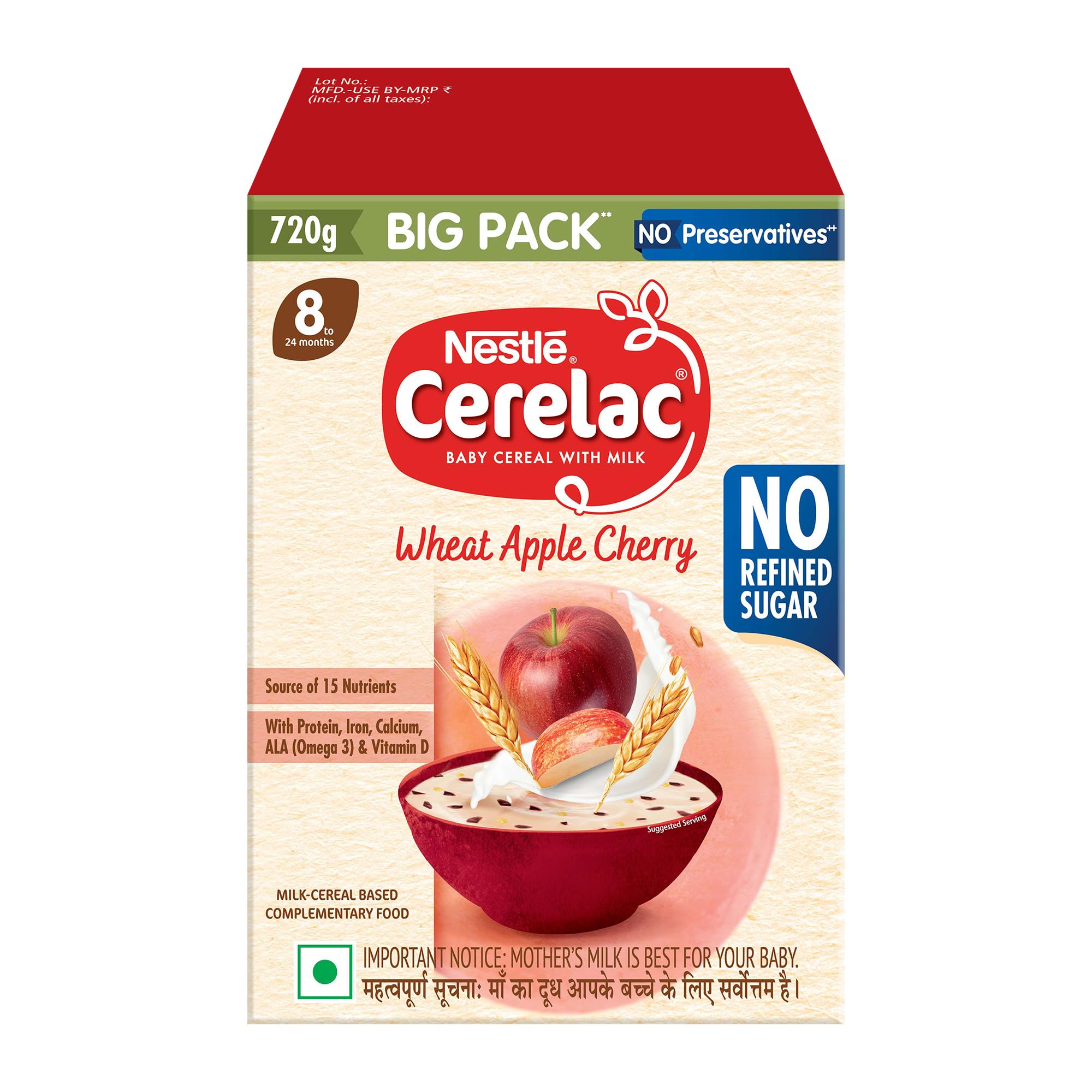 CERELAC Baby Food Cereal | No Refined Sugar | Wheat Apple Cherry for 8-24 months baby | Omega 3 Iron Protein Calcium Vitamin D | Instant Baby Food | 700g | Big Pack-image-9
