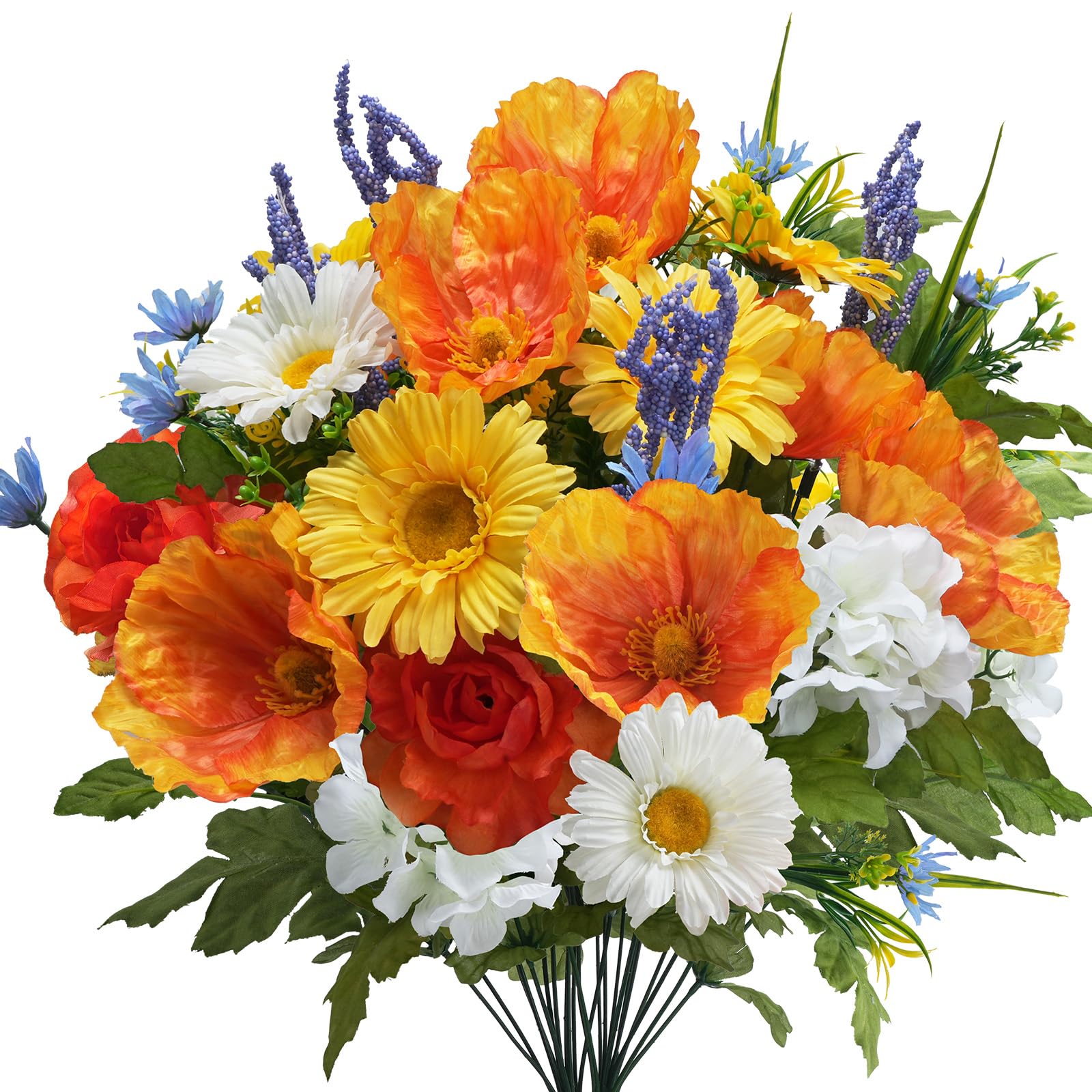 2 Bundles Orange Flowers Artificial Poppy Bouquet Mix Faux Gerbera Daisy Cemetery Flowers for Grave 19.3" Yellow White Fake Flowers Silk Floral Arrangements for Fall Summer Outdoors Indoor Garden Home