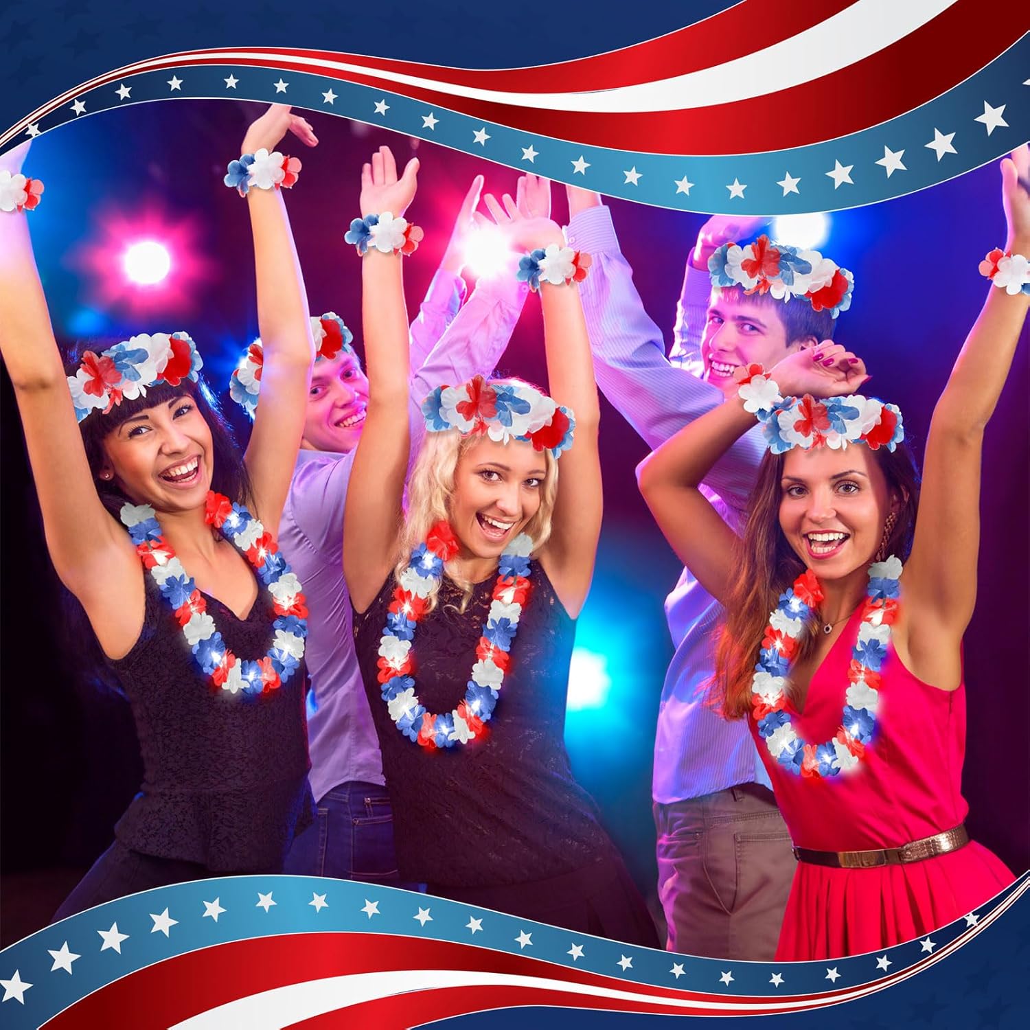 Sherr 48pcs LED 4th of July Hawaiian Leis Set Red White Blue Light up Flower Necklace Bracelets Patriotic Headband LED Leis for Memorial Decorate Wedding Beach Carnival Pride Luau Party Accessories