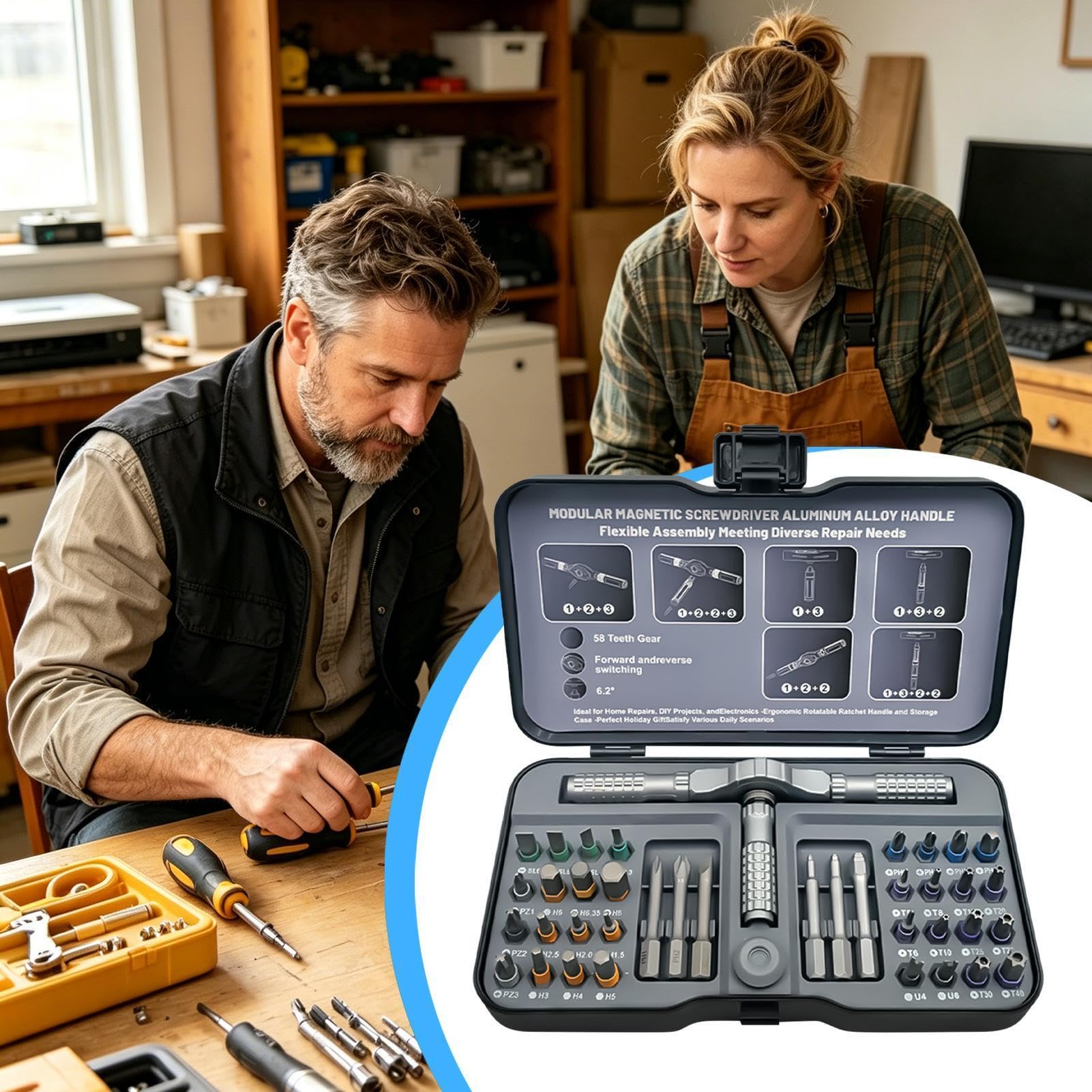 Magnetyczny Zestaw Śrubokrętów Grzechotkowych 42 W 1 Z Bitami Ze Stali S2 | Precyzyjny Zestaw Śrubokrętów Do Domu, Motoryzacji, Warsztatu, Mechaniki, Przemysłu, AGD, Mebli, Hydrauliki