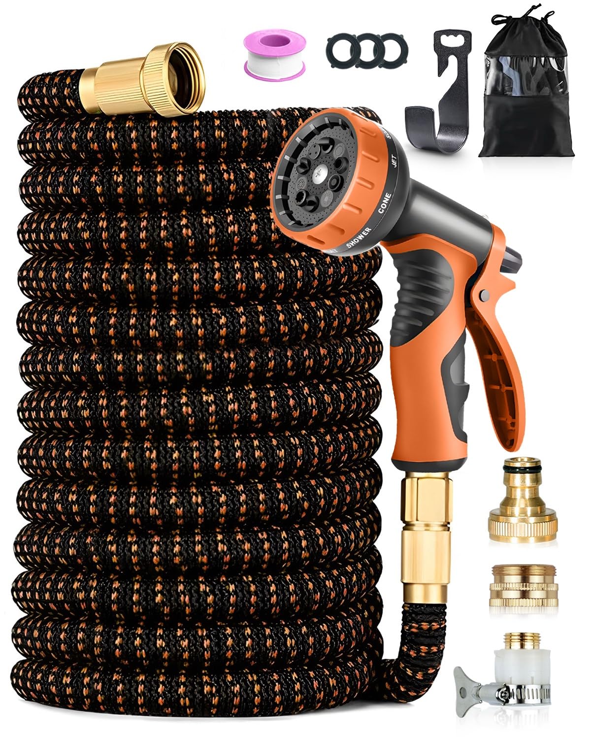 150FT/45M Expandable Garden Hose, Flexible Water Hose with 3/4" & 1/2" Fittings, 10-Pattern Spray Nozzle, 3750D Durable Outer Layer, Leakproof, Kink-Free Magic Hose, for Washing, Orange&Black