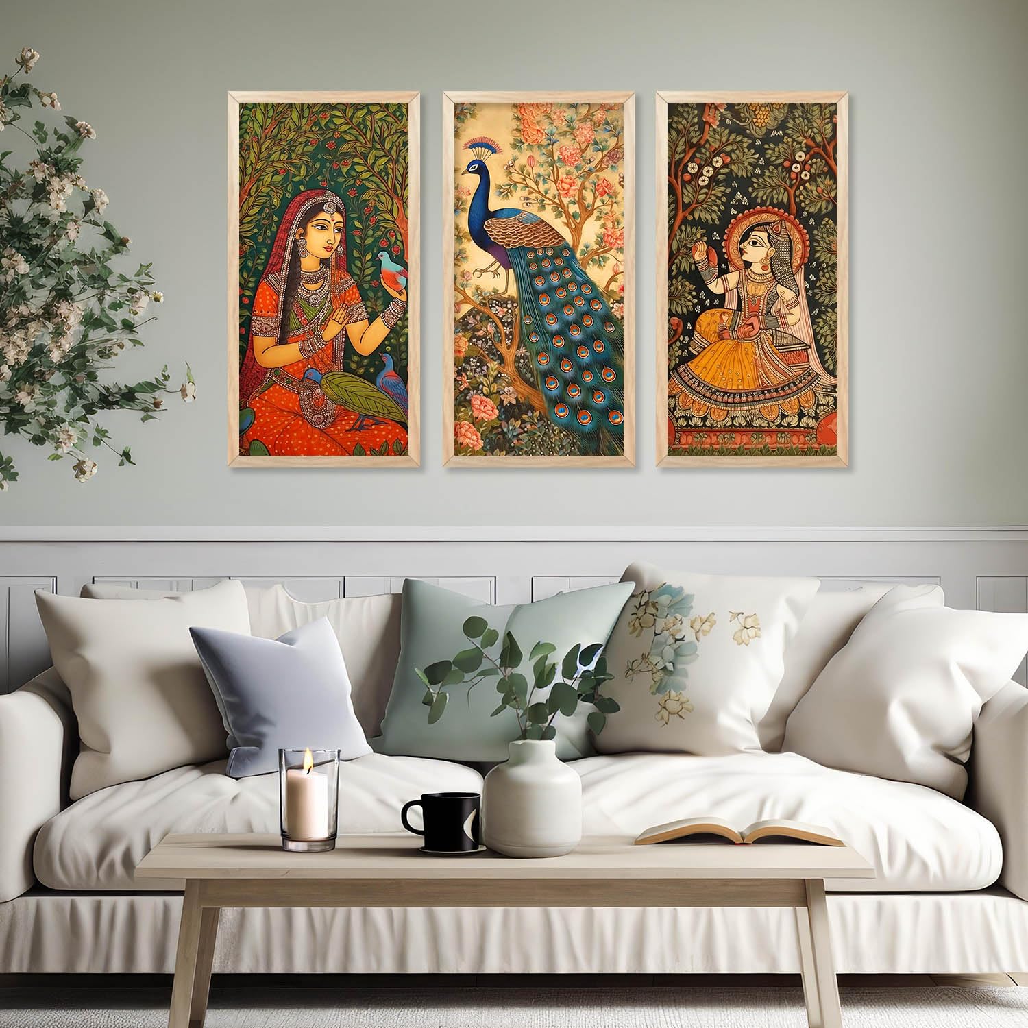 Kalit Kala Modern Wall Art Painting for Wall Decoration, Bedroom, Living room with Reusable Frames & Acrylic Glass Cover | Set of 3 | 10 X 19 Inches | Madhubani Home Decor Framed Paintings (B0D6QZHY95) Amazon Price History, Amazon Price Tracker