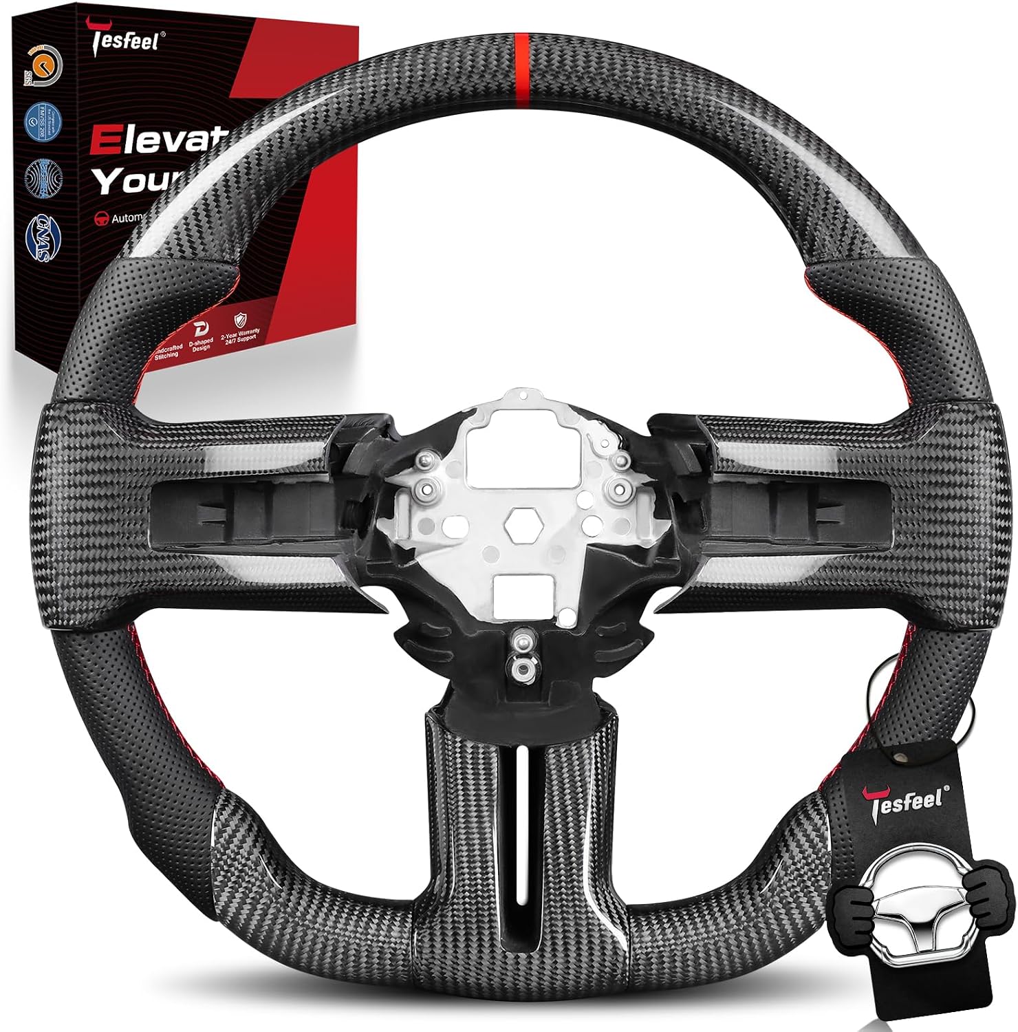 Steering Wheel for Ford Mustang 2010-2014, Real 3K Carbon Fiber, D-Shaped Flat-Bottom, Red Center Stripe & Hand-Stitching, with Matching Trim Piece, for V6/GT/Boss 302/Laguna Seca/Shelby GT500
