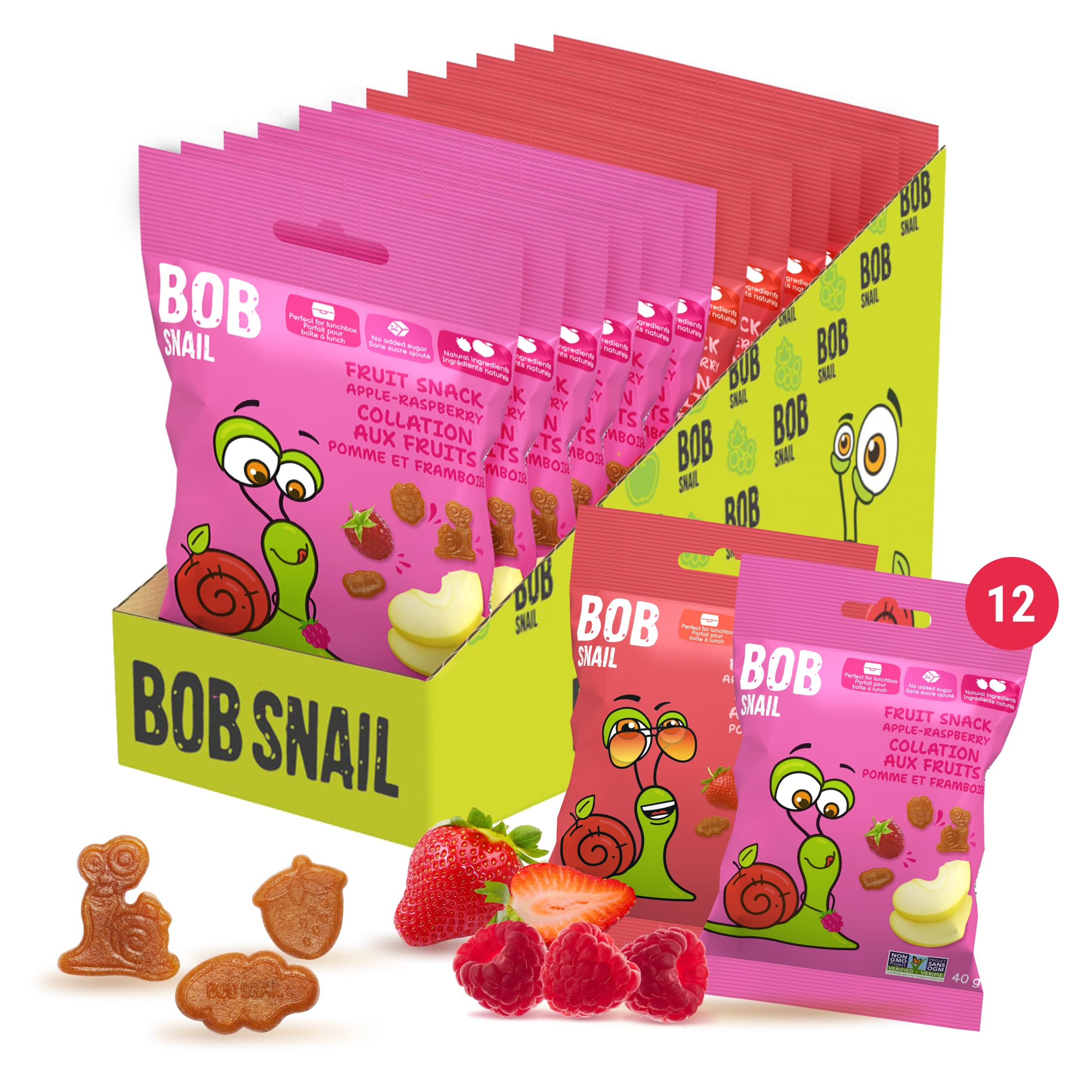 Bob Snail Fruit Gummy Gems Snacks – 100% Real Dried Fruit, Mini Bite Snacks, Zero Sugar – Vegan, Gluten-Free, Healthy Sweets for Kids and Adults To Go – Strawberry & Raspberry Mix 12 Pack, 480g