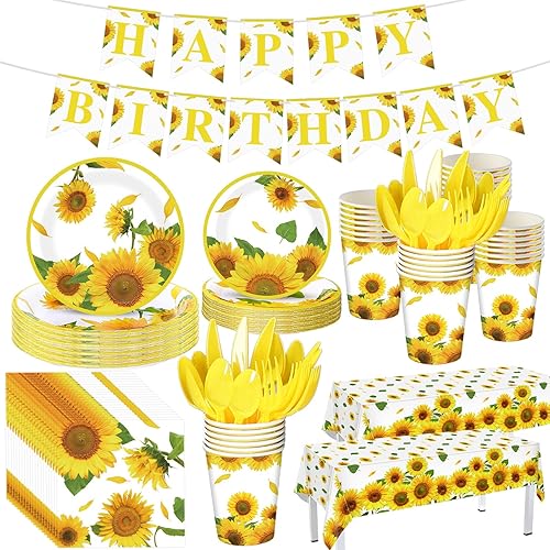 172 piezas de suministros de fiesta de girasol 2 manteles de plástico de girasol 24 juegos de cubiertos de girasol taza de servilletas 2 carteles disponible en Yaxa Colombia
