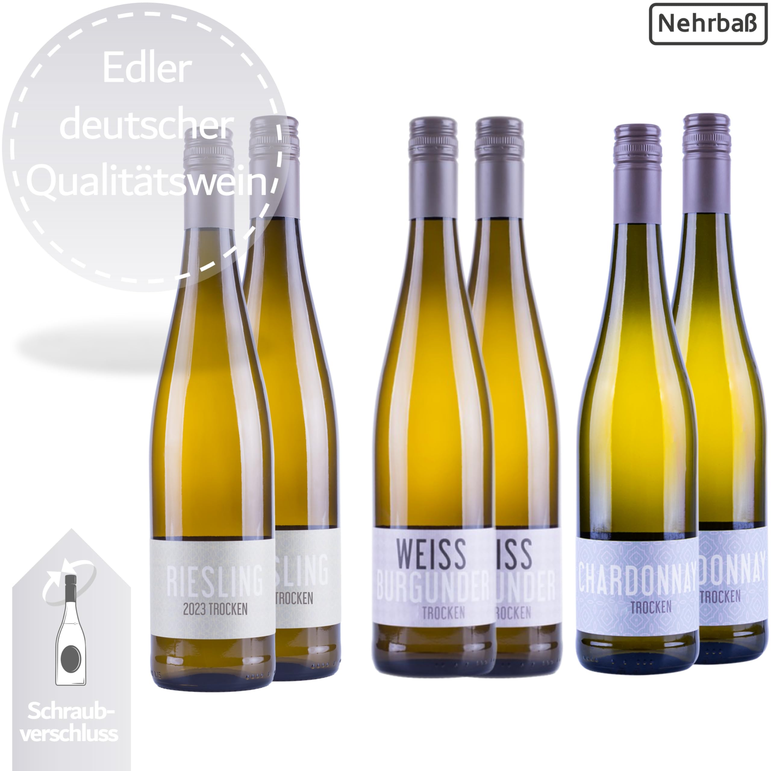 Nehrbaß - Weißwein trocken - Probierpaket 6 x 0,75 Liter aus: 2 x Riesling 2023, 2 x Weißburgunder 2022, 2 x Chardonnay 2024 - Qualitätswein - Vegan - Aus Deutschland (Rheinhessen)