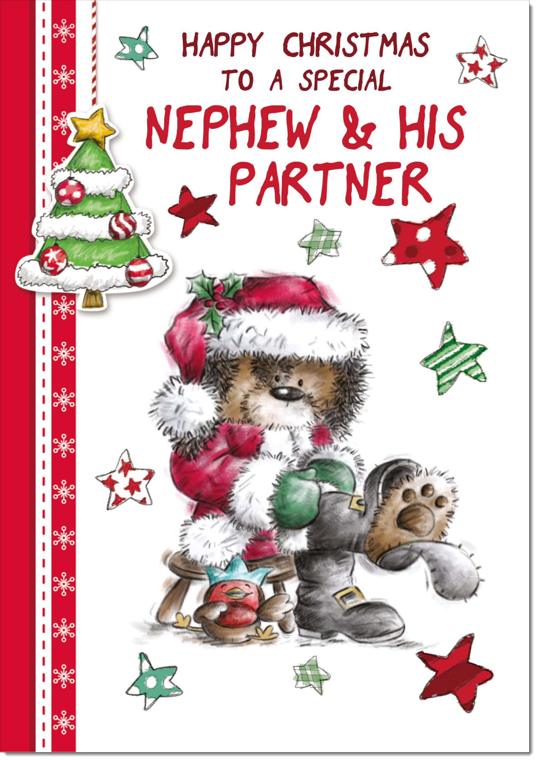 doodlecards Nephew and Partner Christmas Card Cute Bear Large A4 Size Christmas Card for Nephew & Partner with Plain Envelope — image 1