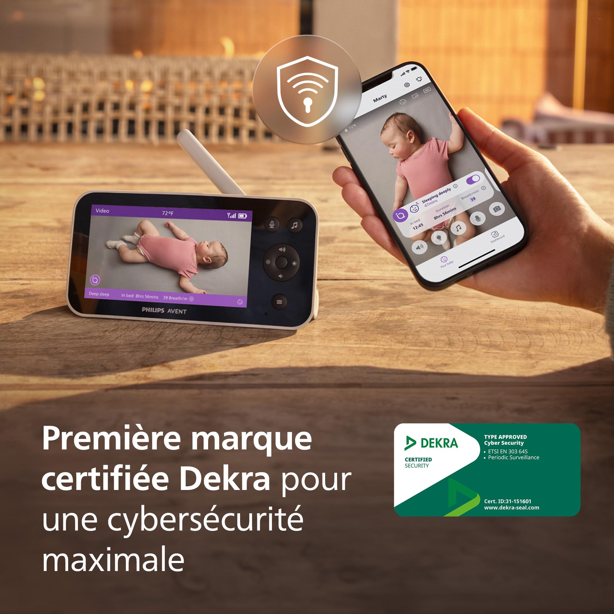 AVENT Philips Babyphone caméra Premium avec appli – caméra HD 1080 px, Suivi IA Sommeil et Respiration, interprétation des Pleurs, certifié Dekra cybersécurité maximale, Fixation Murale, SCD974/26