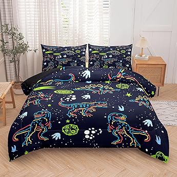 Boys Dinosaur Comforter Set Queen Size, 3Pcs Black Cartoon Dinosaur Bedding Set for Girls Kids Adults Bedroom Decor, Boys Comforter Set for All Season, Lightweight, 1 Quilt with 2 Pillowcases