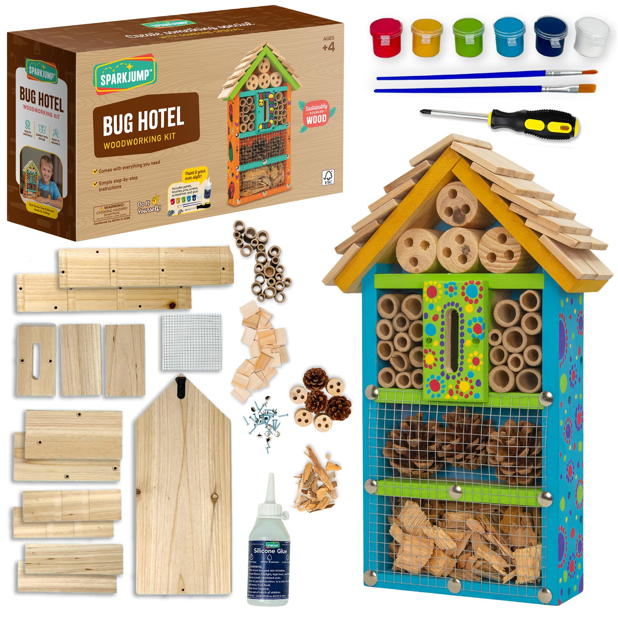 SparkJump Premium Bug Hotel Kit, DIY Cedar Wood Craft for Building Bee, Ladybug, or Butterfly Houses, Educational Kit for Kids, Parents and Teachers