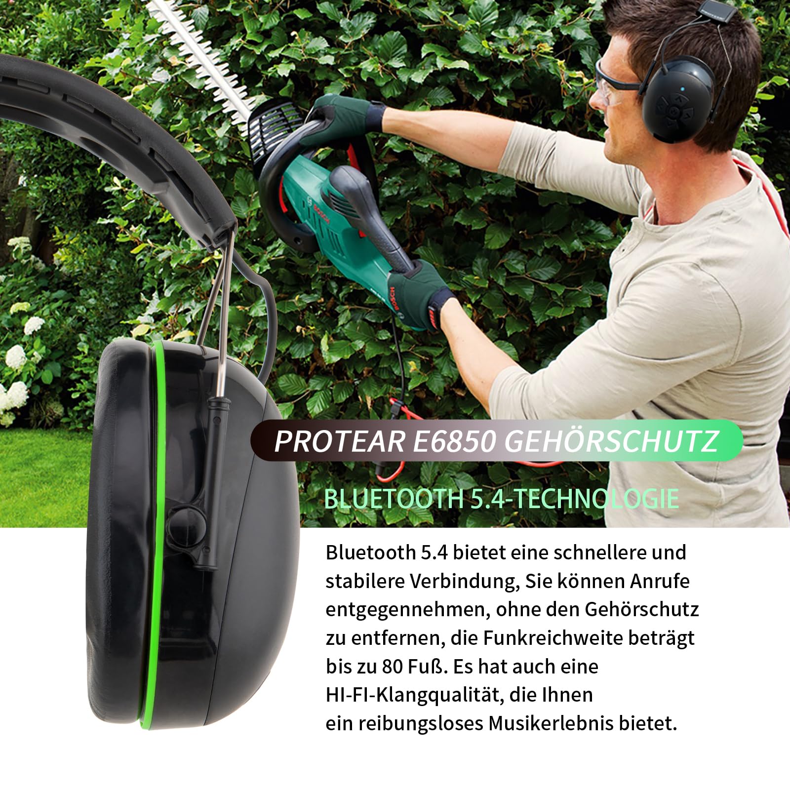 Casque anti Bruit bluetooth 5.4 Mixte, haut-parleurs haute fidélité,Microphone intégré, 120h + de lecture, protection auditive idéale pour la tonte, le travail du bois, SNR 30 dB