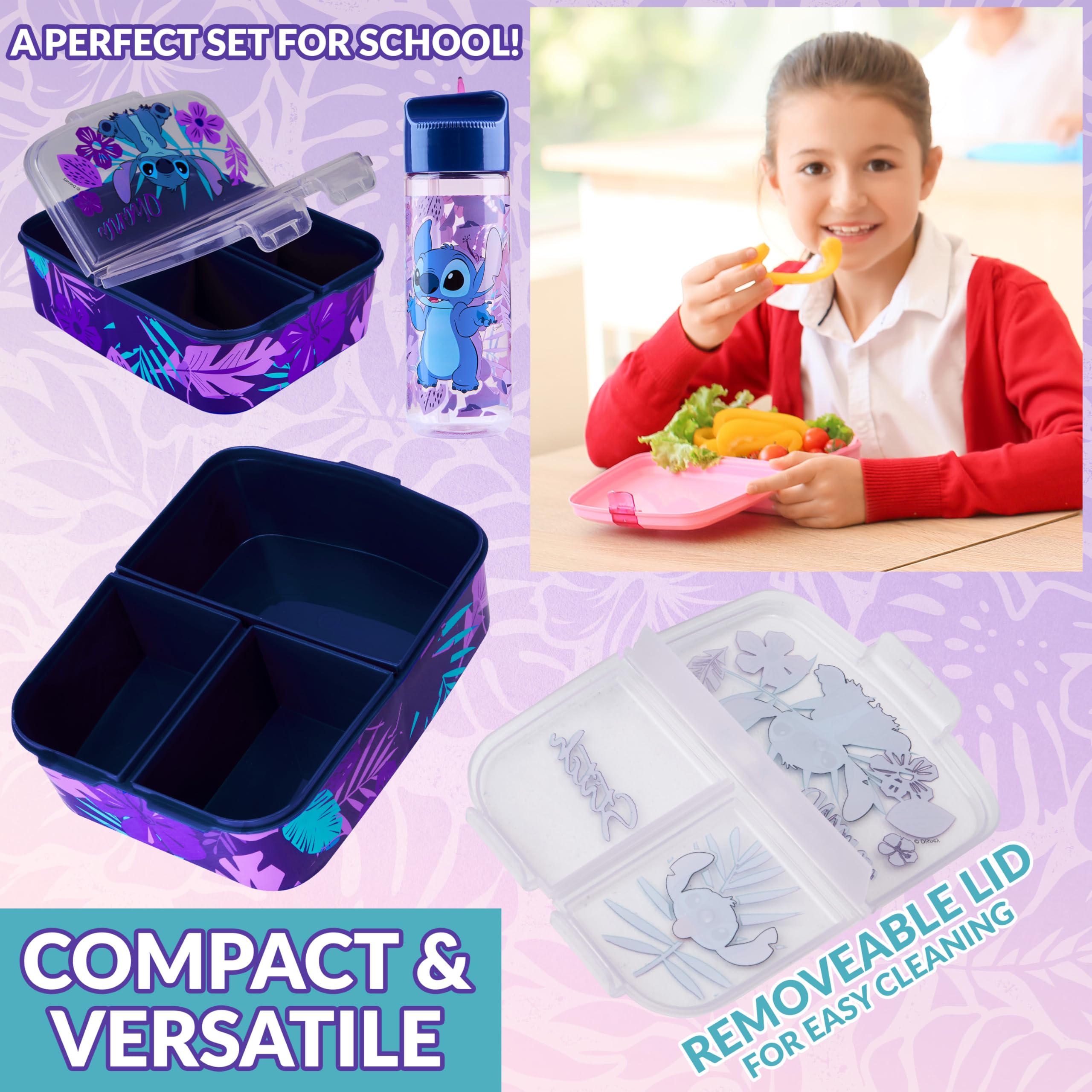 Disney Stitch Boîte à Goûter Enfant avec Compartiments et Gourde Bleu/Violet