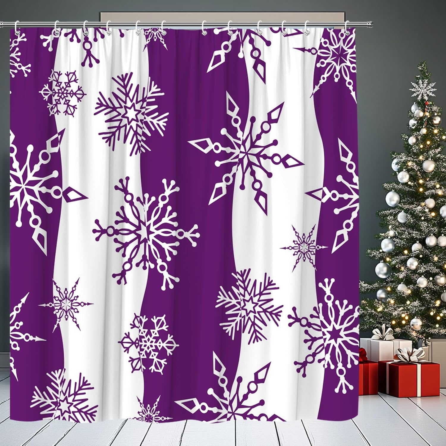 Christmas Snowflake Shower Curtain Purple White Snowflake Winter Holiday Fabric Bathroom Decor Set with Hooks,(70" Wx74.8 H)
