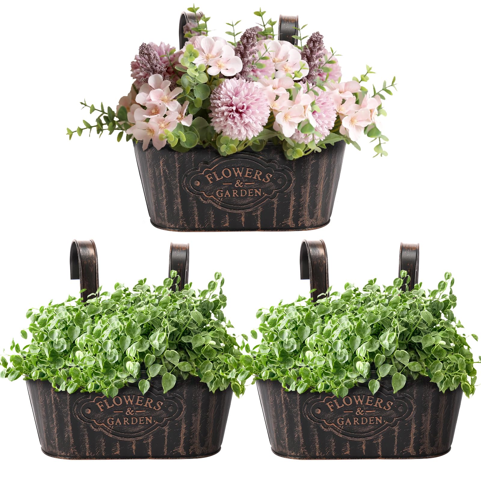 3Pcs Over Fence Flower Pots Vintage Metal Iron Hanging Baskets Outdoor Balcony Planter for Railing, Decorative Oval Rustic Hanging Fence Planter for Garden Porch Balcony Patio Railing Deck(black)
