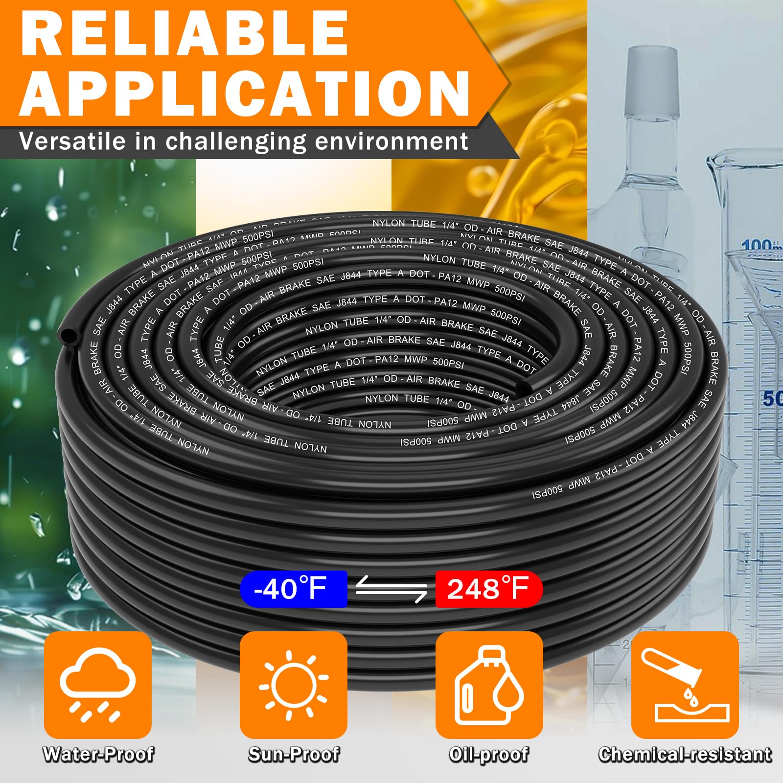 CheeMuii Línea de aire de 1/4 DOT de 100 pies de 1/4 pulgadas PA12 de nailon DOT, manguera de aire de 30,5 metros, tubo de aire OD SAE J844, línea de freno de aire para semirremolque o sistema de aire