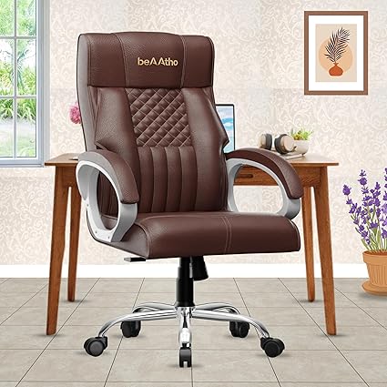 beAAtho Oxford Leatherette Office Chair with 3 Years Warranty | Ergonomic Leather Orthopedic Executive Boss Chair with Spacious Cushioned Seat | Heavy Duty Metal Base | High Back (Brown)
