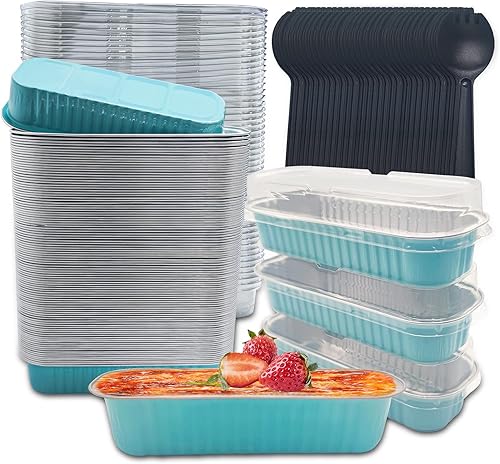 OYEL Mini moldes de papel de aluminio con tapas, 6.8 onzas rectangulares para hornear magdalenas, latas desechables para hornear mini moldes para