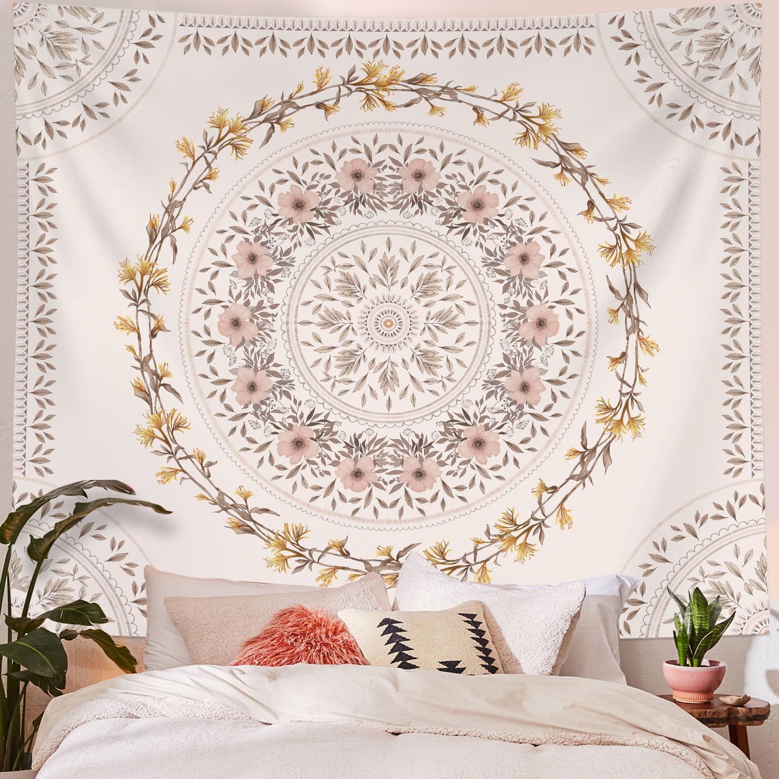 Lifeel White Pink Bohemian Tapestry Wall Hanging, Mandala Floral Medallion Hippie Tapestry with Light Brown Aesthetic Wreath Design, Cream Wall Decor Blanket for Bedroom Home Dorm, Large 68×80 inches