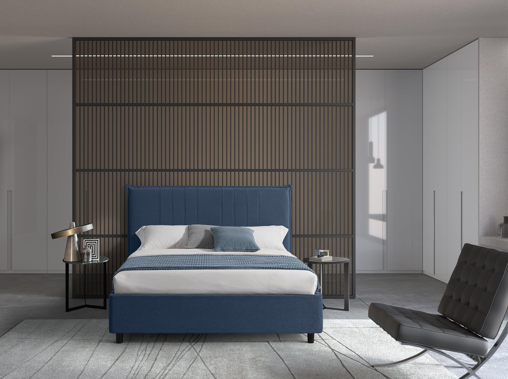 EVERGREENWEB Letto Matrimoniale con Contenitore Salvaspazio 160x190 cm, Testiera in Tessuto Blu Imbottita, Struttura Rinforzata Facile da Montare, Rete a Doghe in Legno, Design Moderno, BILBAO