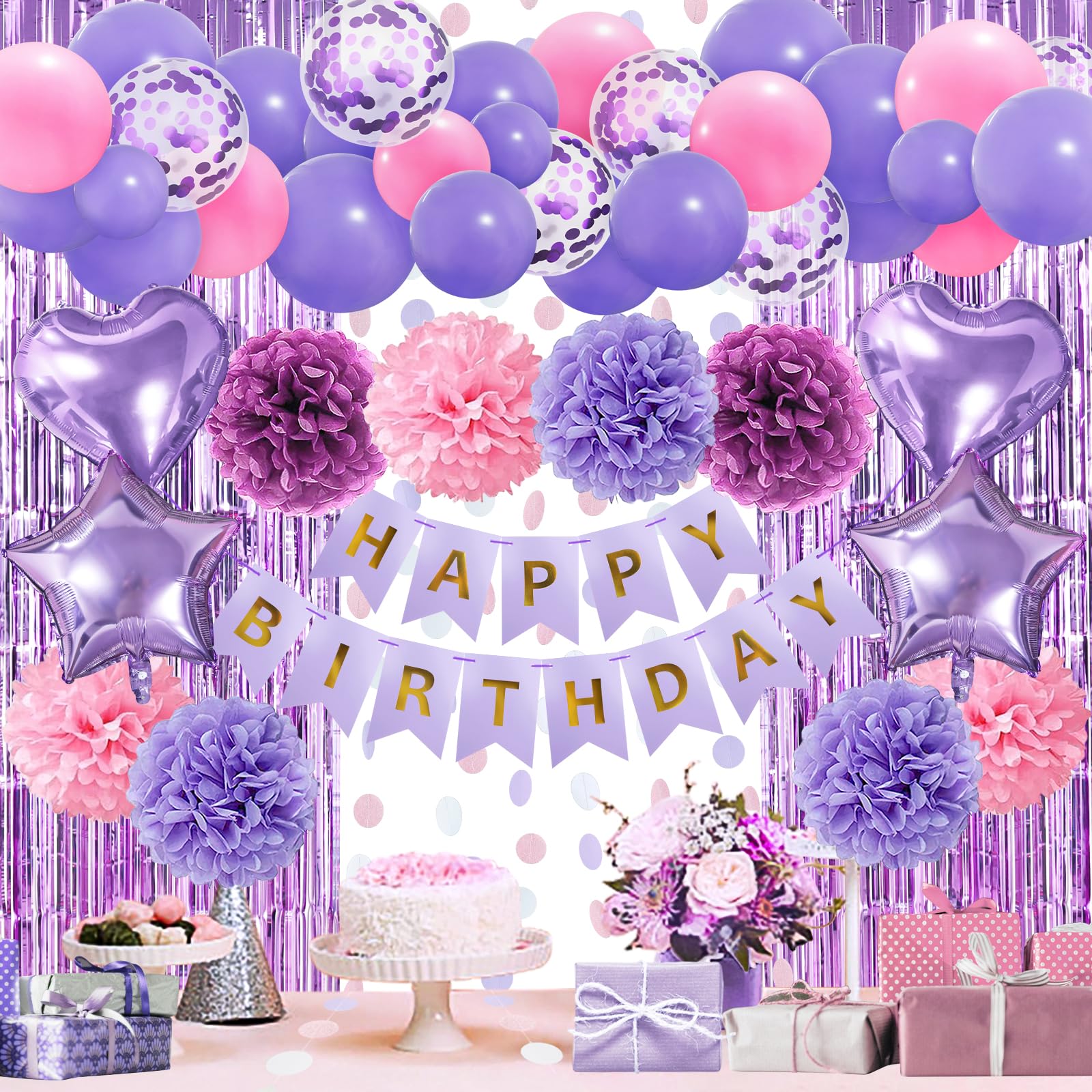 ZERODECO Lila Geburtstagsdeko, Happy Birthday Girlande Violett Rosa Pompons Vorhang Luftballons Geburtstagsdeko Mädchen Geburtstagsdeko Frauen Damen Kindergeburtstag Deko Geburtstag Party Zubehör