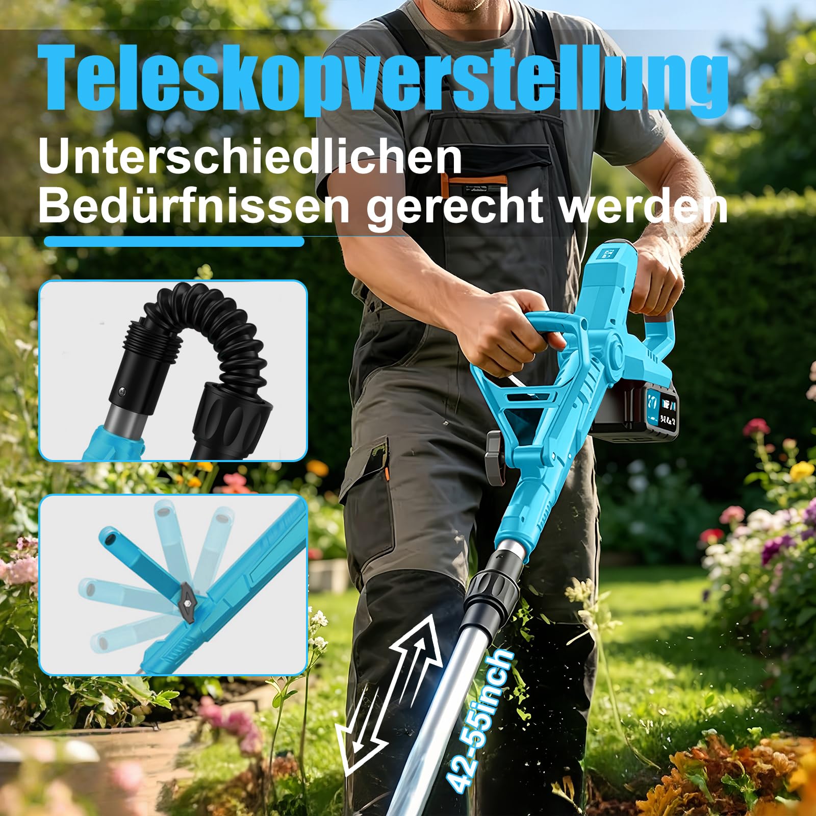 Desbrozadora eléctrica con batería con cepillo para malas hierbas, 21 V, desbrozadora eléctrica con batería, 2 baterías de 4,0 Ah y cargador, cabezal ajustable, mango telescópico para jardín, césped