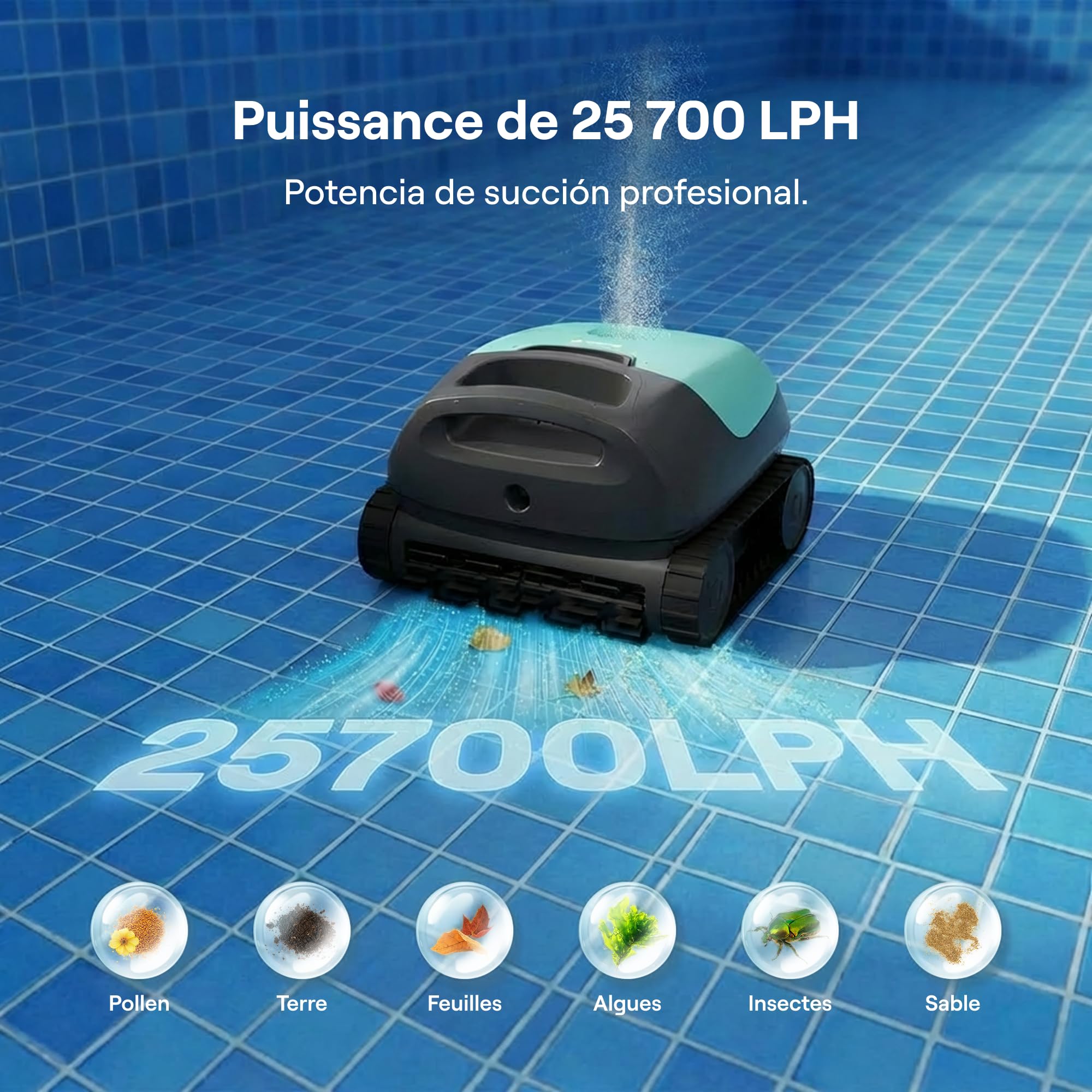 Beatbot Sora 10 Robot Piscine sans Fil 25700 LPH Fond Parois Ligne d'eau Plages Immergées Filtre 5L Spécial Feuilles 300 Min 300m² Vert