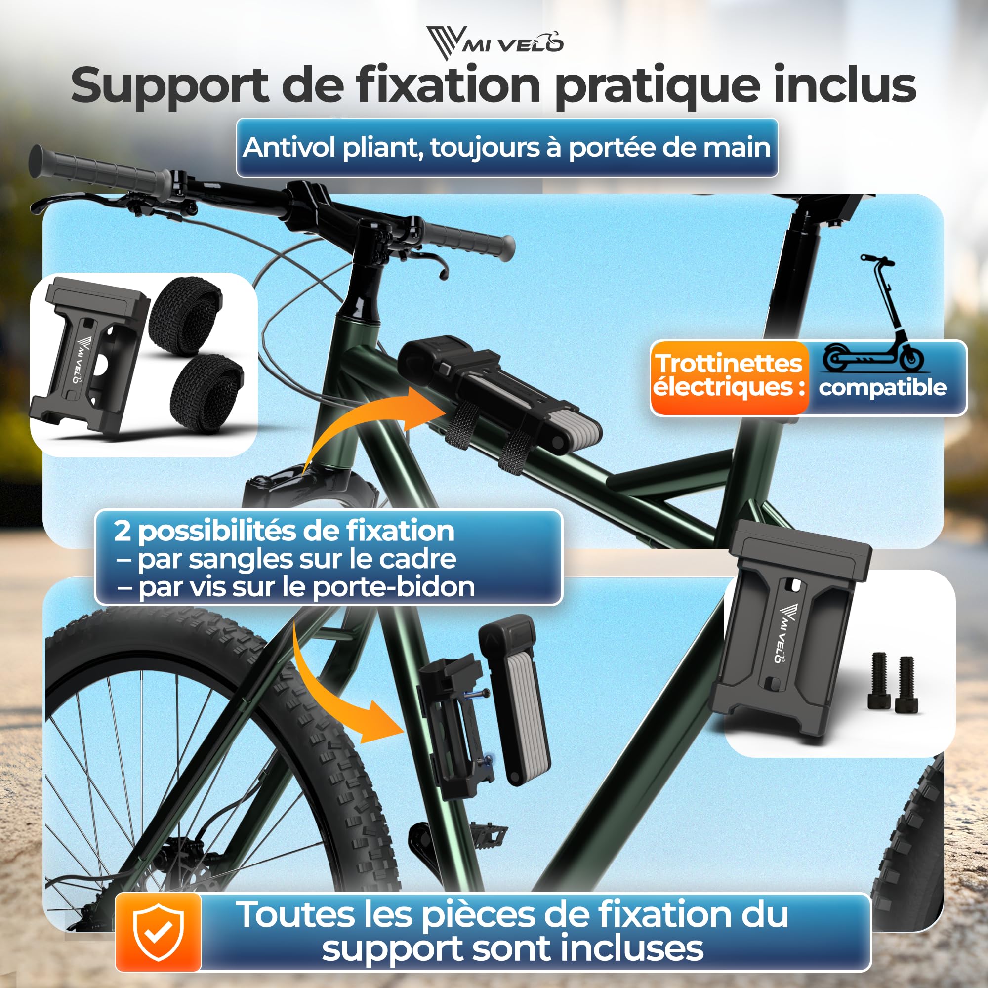 MIVELO Antivol pliable pour vélo - Haute sécurité - 85 cm de long - Antivol de vélo avec clé et support - Idéal pour vélo électrique, VTT et vélo de route - Verrouillage vélo