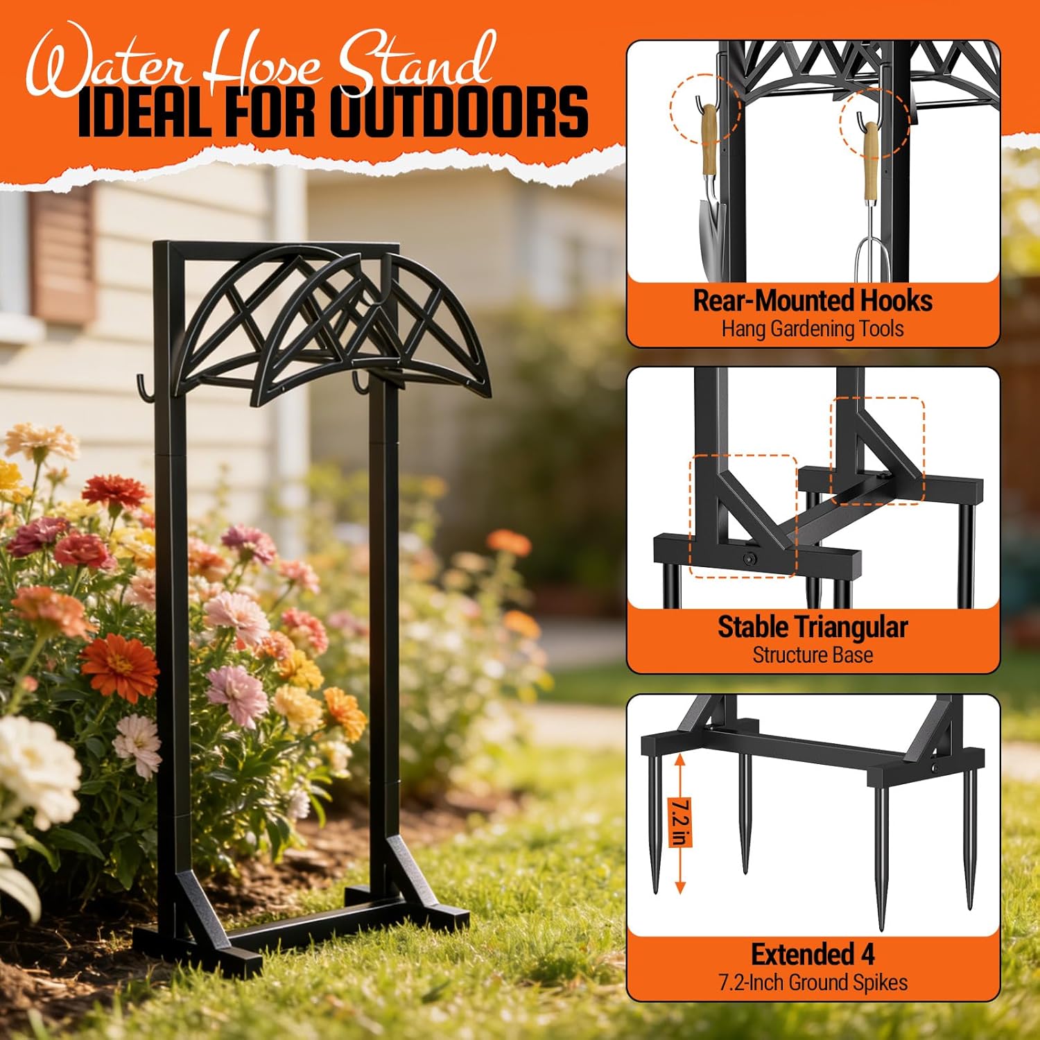 Garden Hose Holder, Heavy-Duty Metal Stand with Stable Base & 2 Tool Hooks, Freestanding Storage Rack for Outside, Holds 150ft – Hose Holders for Yard & Lawn