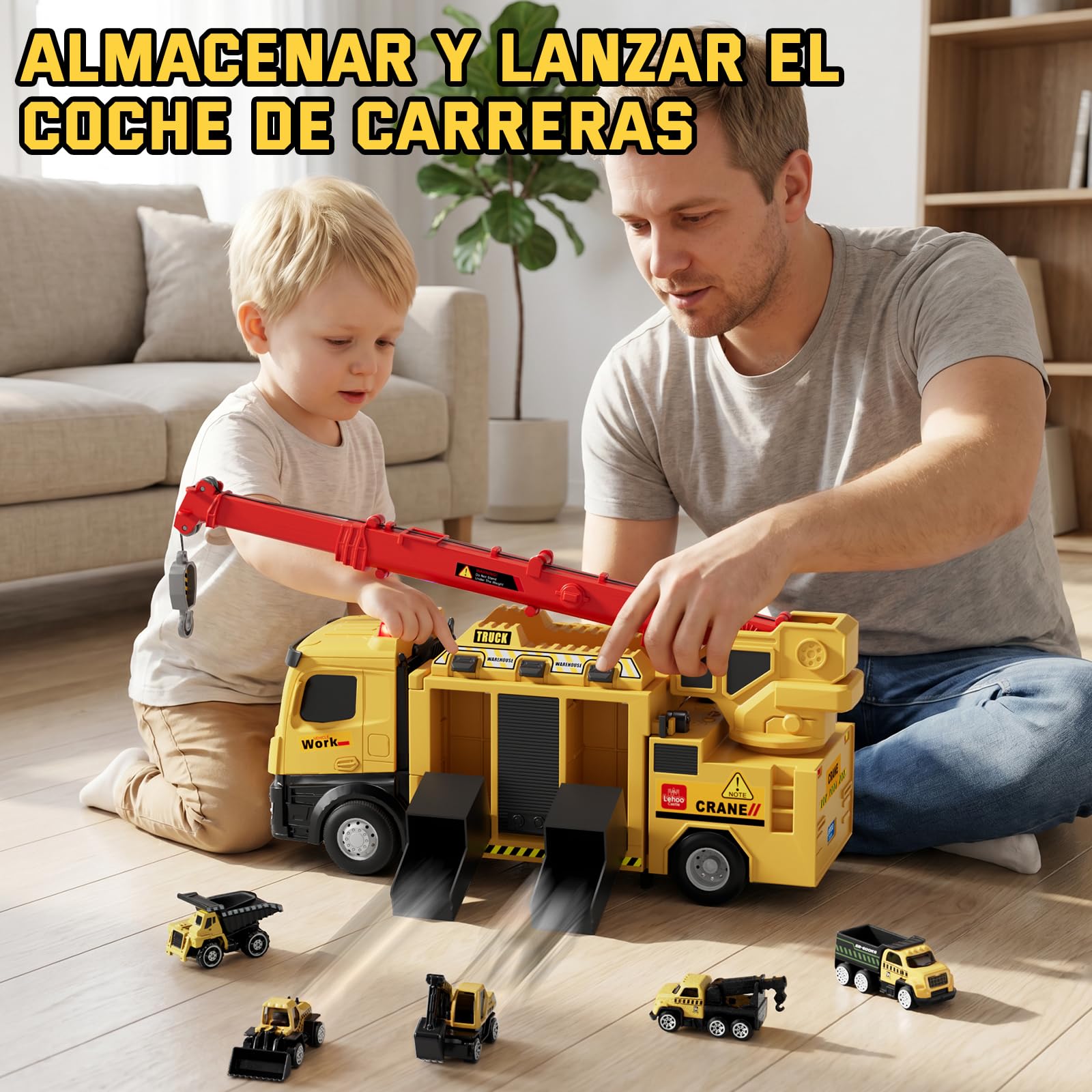 Lehoo Castle Camión de Juguete con Grúa Luz y Sonido, Vehículos de Construcción Regalo para Niños de 3 4 5 6 Años, Garaje Coches Juguete con 6 Mini Excavadora Tractor y Piezas de Construcción