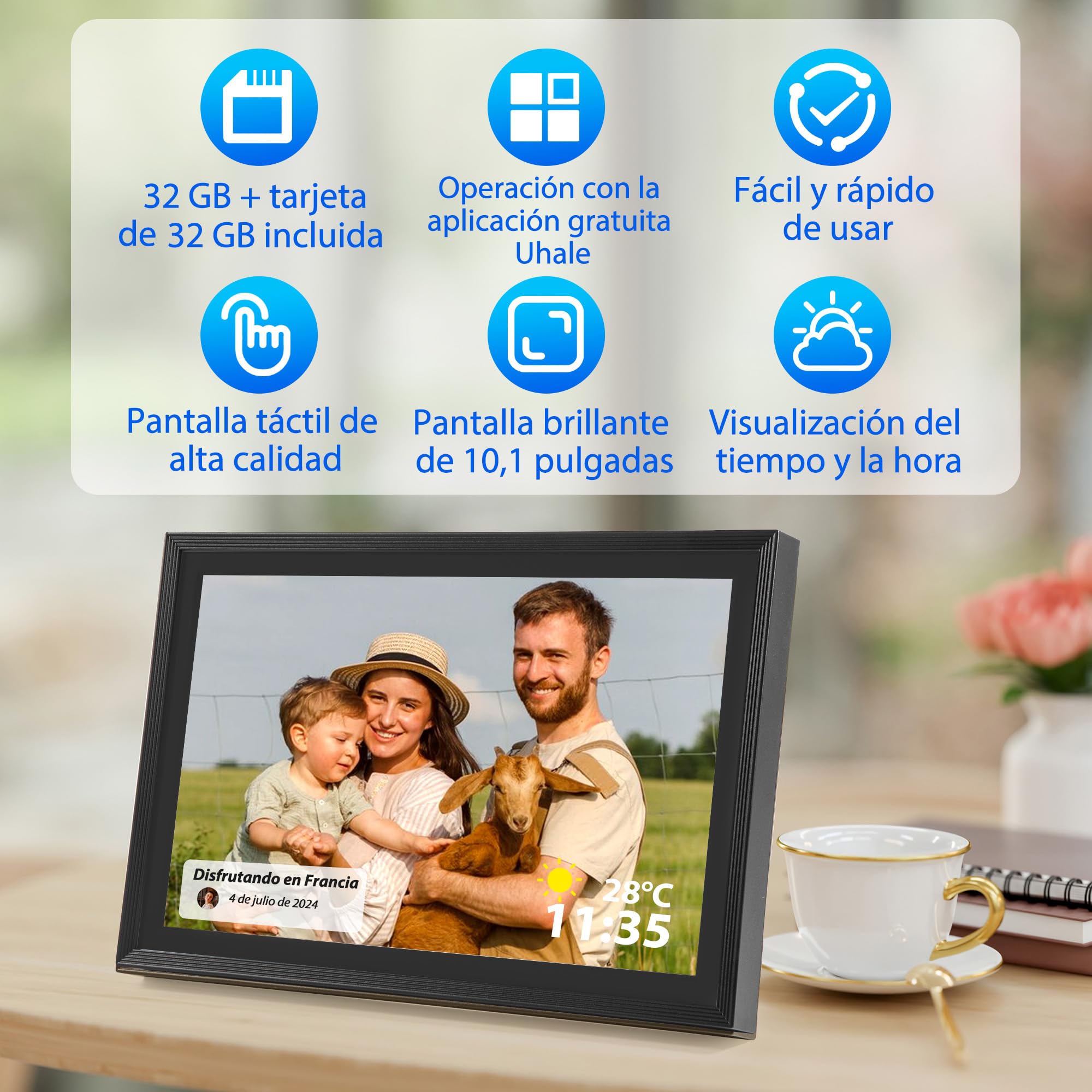 Saaf Marco de Fotos Digital – Pantalla Táctil 10,1" – WiFi & App ‘Uhale’ – 64GB Almacenamiento (32GB Interno + 32GB SD) – Marco Digital – Negro – Fácil de Usar