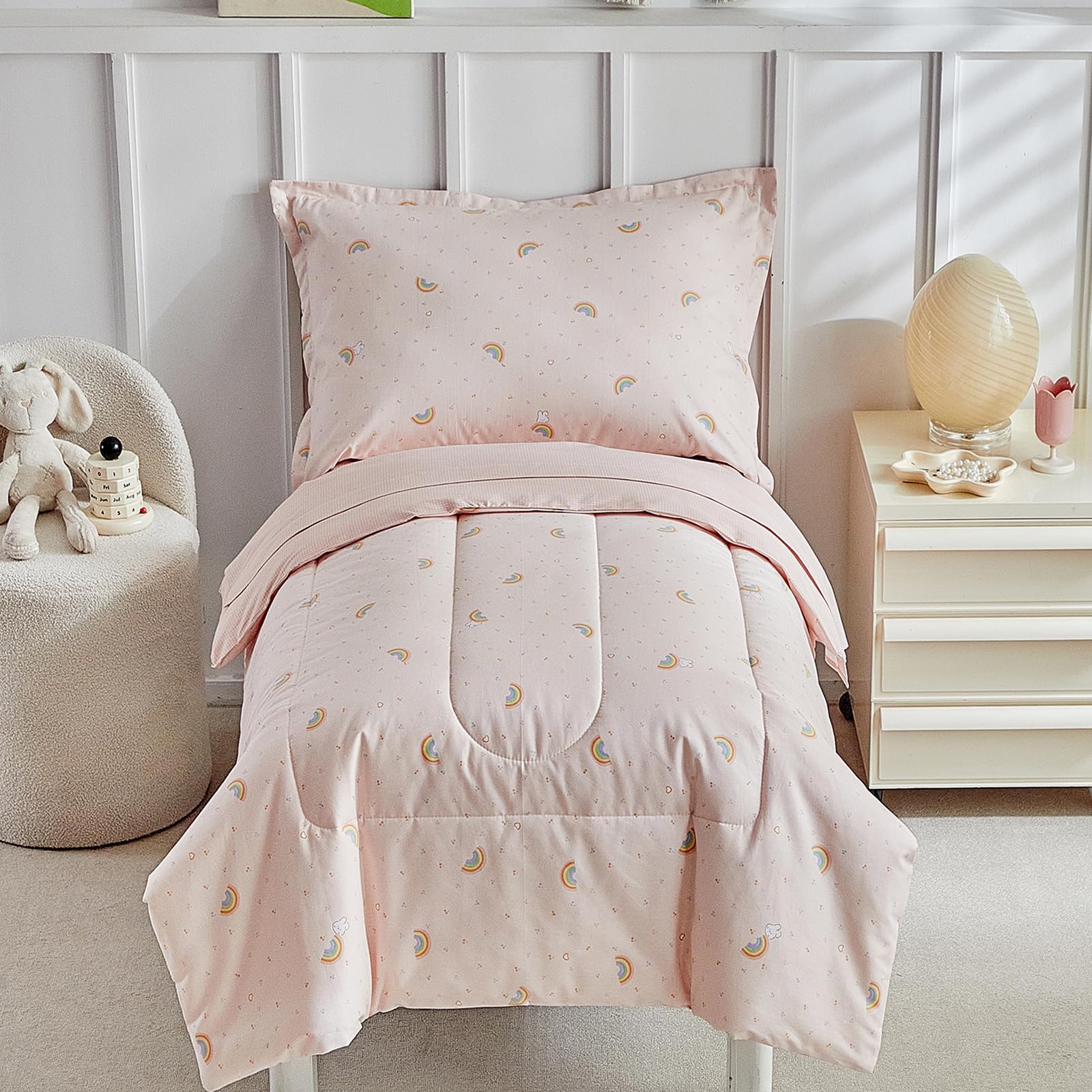 DuShow Cotton Toddler Bedding Set for Girls,4 Piece Toddler Bed Sets,Pink Rainbow Pattern Kids Comforter Sheet Set,Includes Quilted Comforter,Fitted Sheet,Top Sheet,and Pillow Case