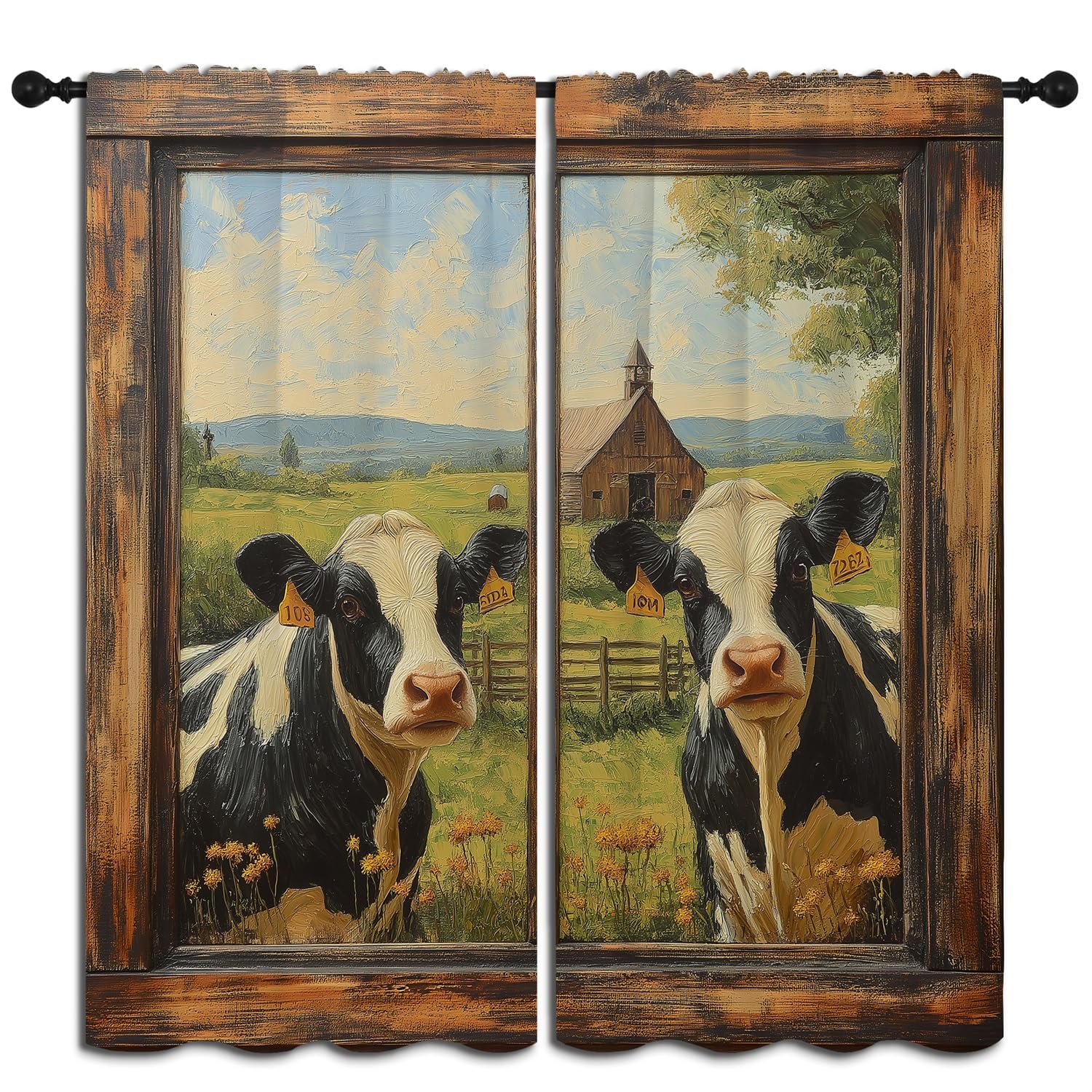 Funny Cow Boy Girls Blackout Curtains,Rustic Cute Farm animal Wooden Barn Vintage Fashion style, 2 Panel Rod Pocket Thermal Insulated Drapes for