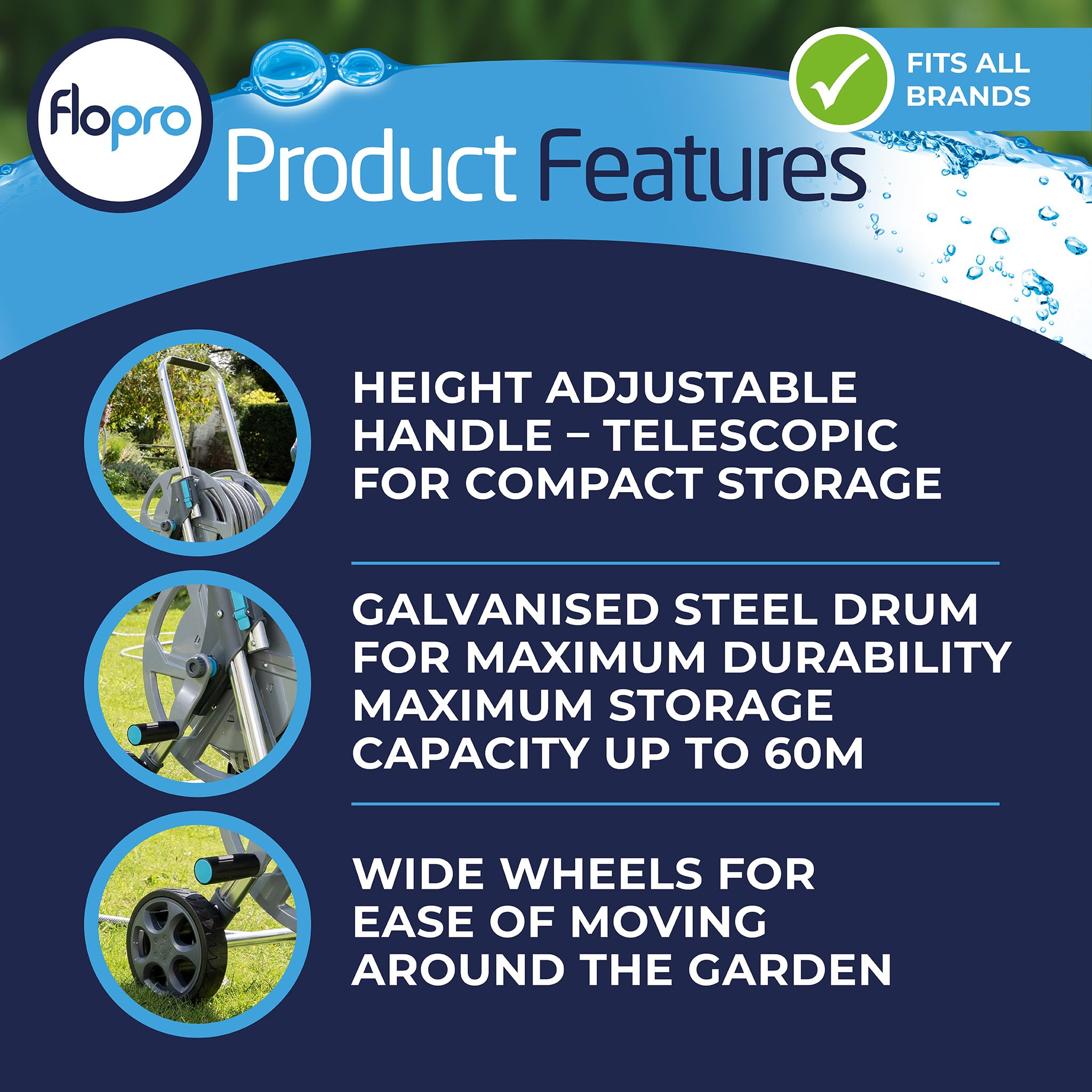 Flopro - Carro de manguera de metal resistente con ruedas de 25 m: marco fuerte para mayor estabilidad, mango ajustable y ruedas anchas. Completo con conectores de manguera SUPERGRIP y boquilla. Se