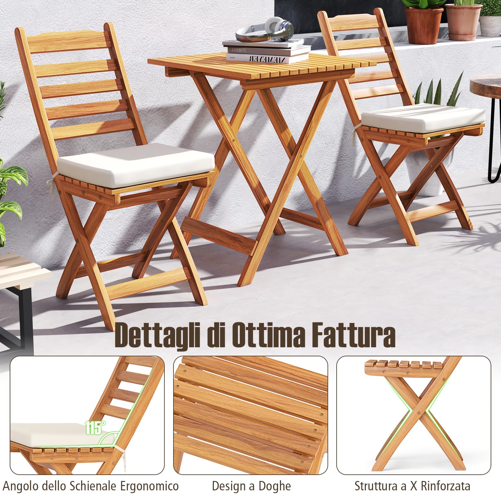 COSTWAY Bistro Set Esterno Legno Acacia Tavolo 2 Sedie Pieghevoli con Cuscini