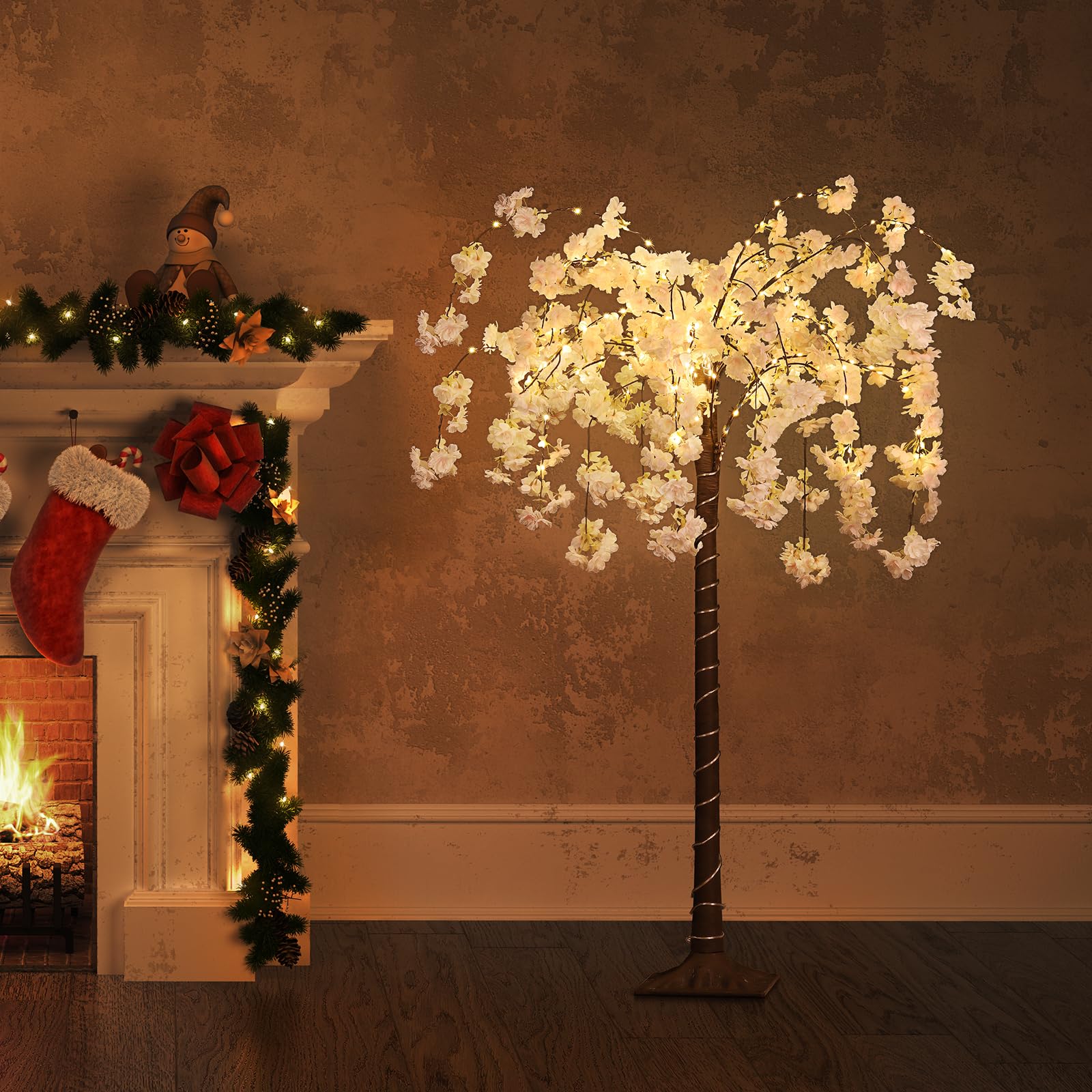 OUSHENG Lighted Cherry Blossom Tree LED Artificial Trees for Decoration Inside, Light up Fake Plant with Faux Flower for Home Wedding Party Festival Christmas Indoor Decor, Warm White, 4FT