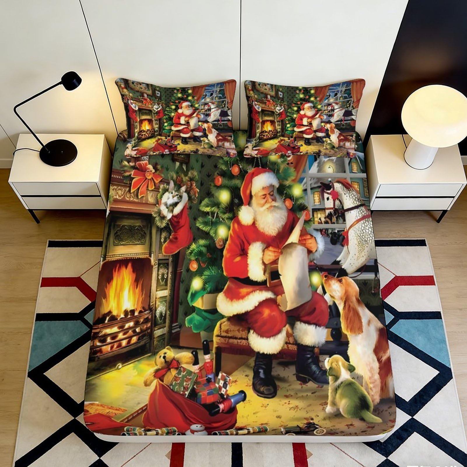 3D Printed Christmas Fireplace Fitted Sheet Microfiber Soft Santa Claus Dog Mattress Cover for Bedroom Dorm Home 140x200x25cm