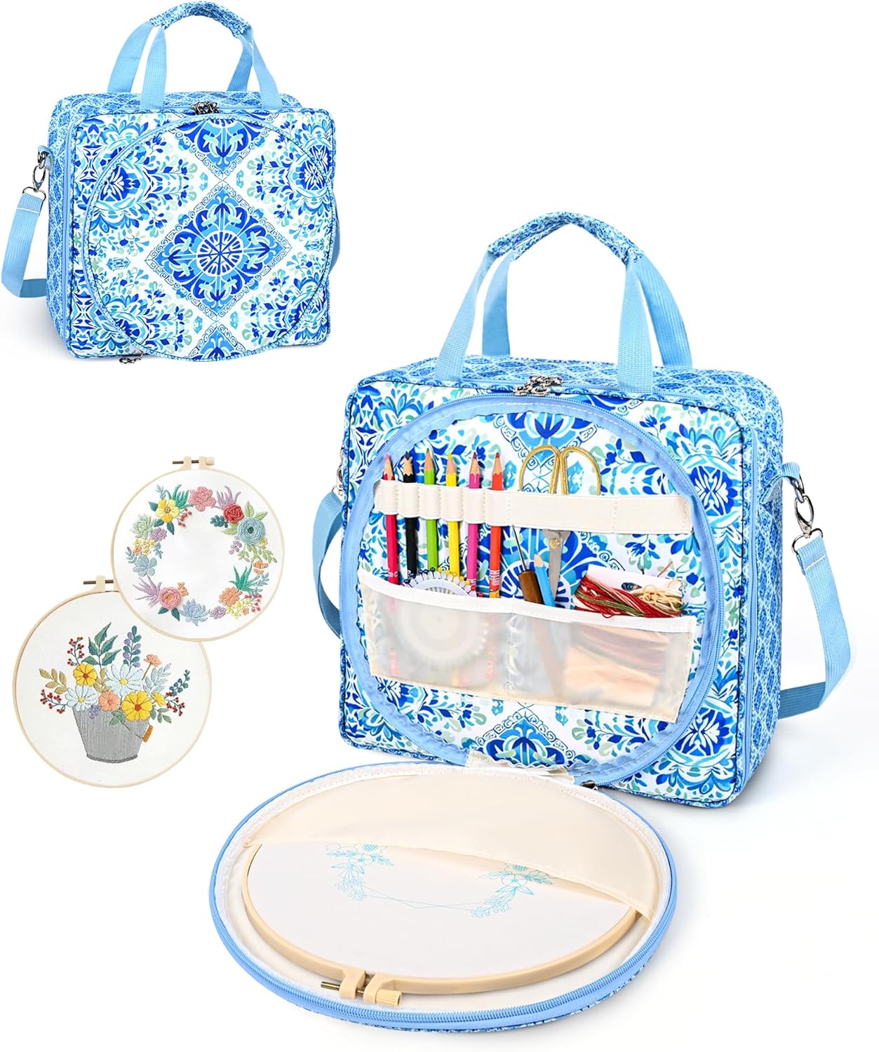 Telawsfun Embroidery Project Bag Organizer, Embroidery Supply Storage Bag with Removable Binder, Portable Carrying Tote for Thread Tools and Accessoriess, Bag Only (Flower)