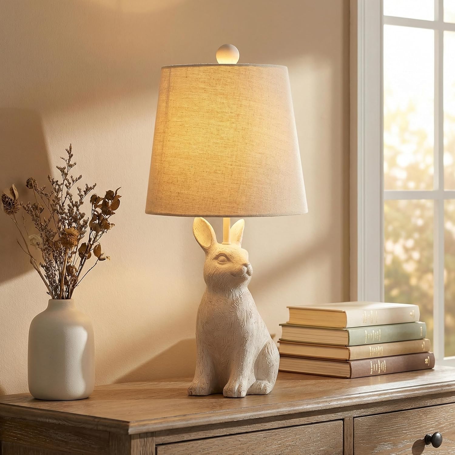 Crestview Collection Bunny Lamp - Rabbit Table Lamp with Hardback Shade, 19" Sculpted Resin Animal Lamp for Rustic Farmhouse Forest Bedroom, Woodland Nursery Living Room, Unique Nature Gift, White