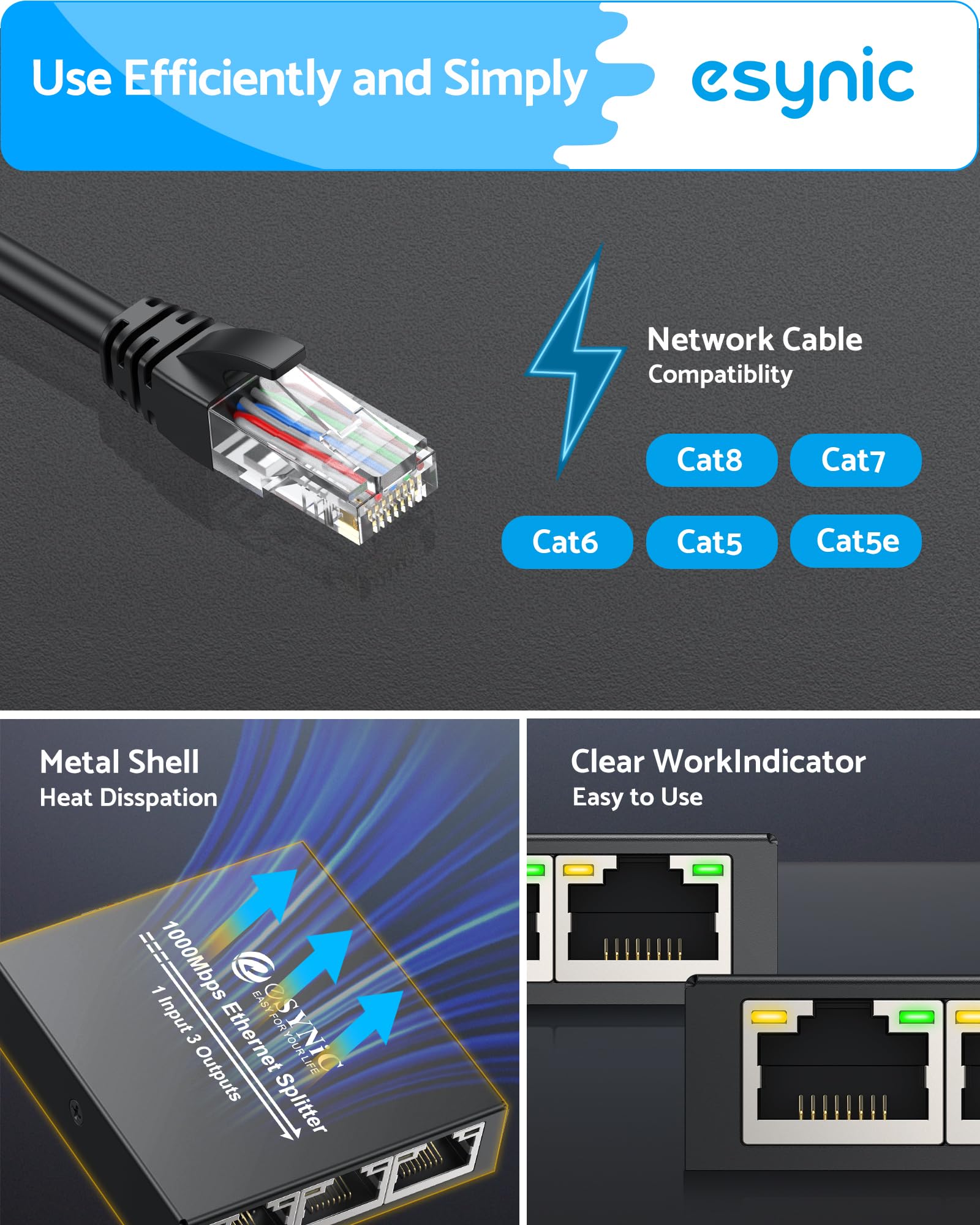 eSynic Szybki rozdzielacz Ethermet 1 do 3 przenośny rozdzielacz sieciowy USB C Rj45 z 1 kablem Ethernet metalowy rozdzielacz kabli internetowych obsługuje Cat8, 7, 6, 5 i 5e do ADSL, koncentratorów