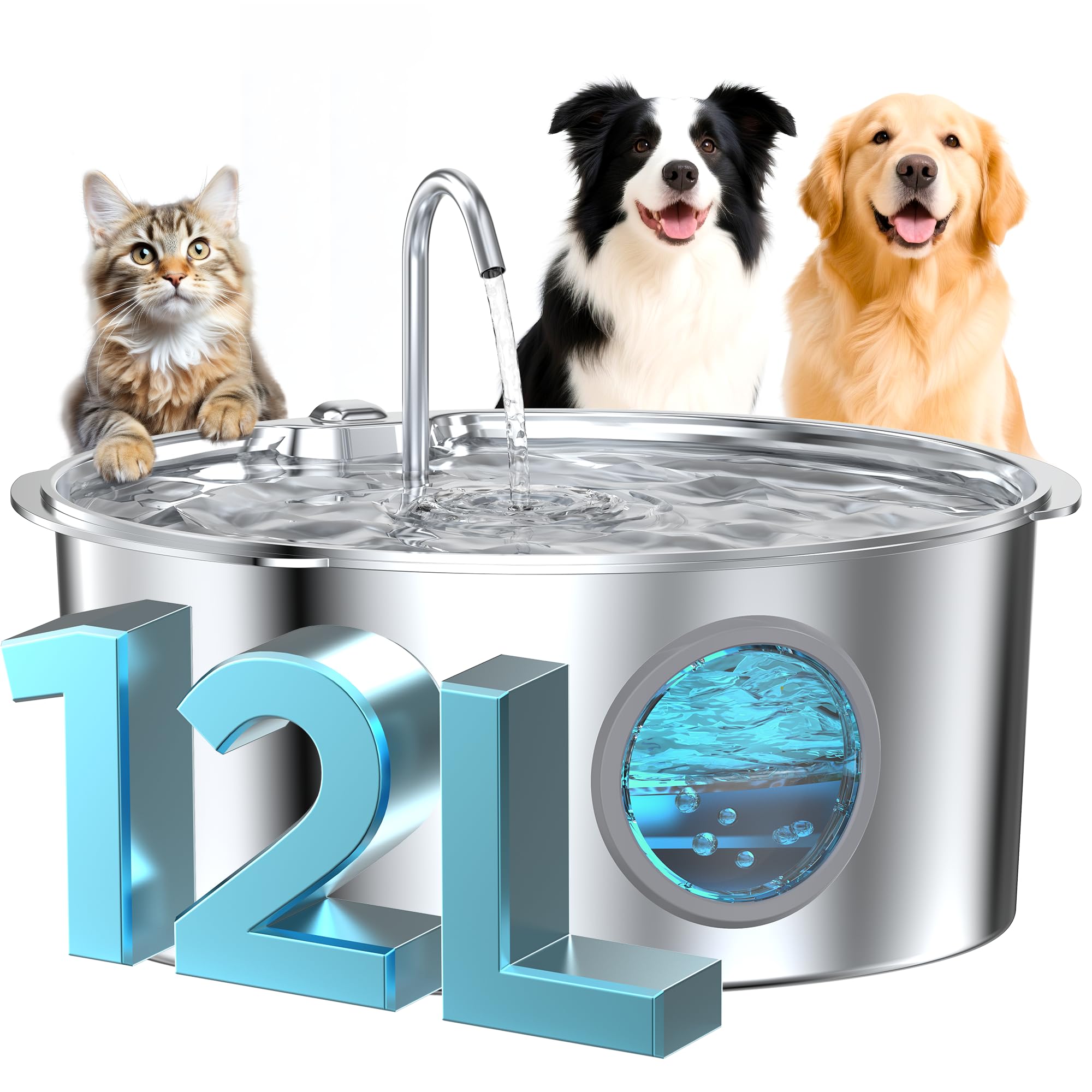 Dog Water Fountain for Large Dogs: Stainless Steel Dog Fountain Water Bowl - 3.2Gal/406oz/12L Super Quiet Big Cat Water Fountain with Visual Water Level -Great for Large Dogs Cats and Multi-Pet Home