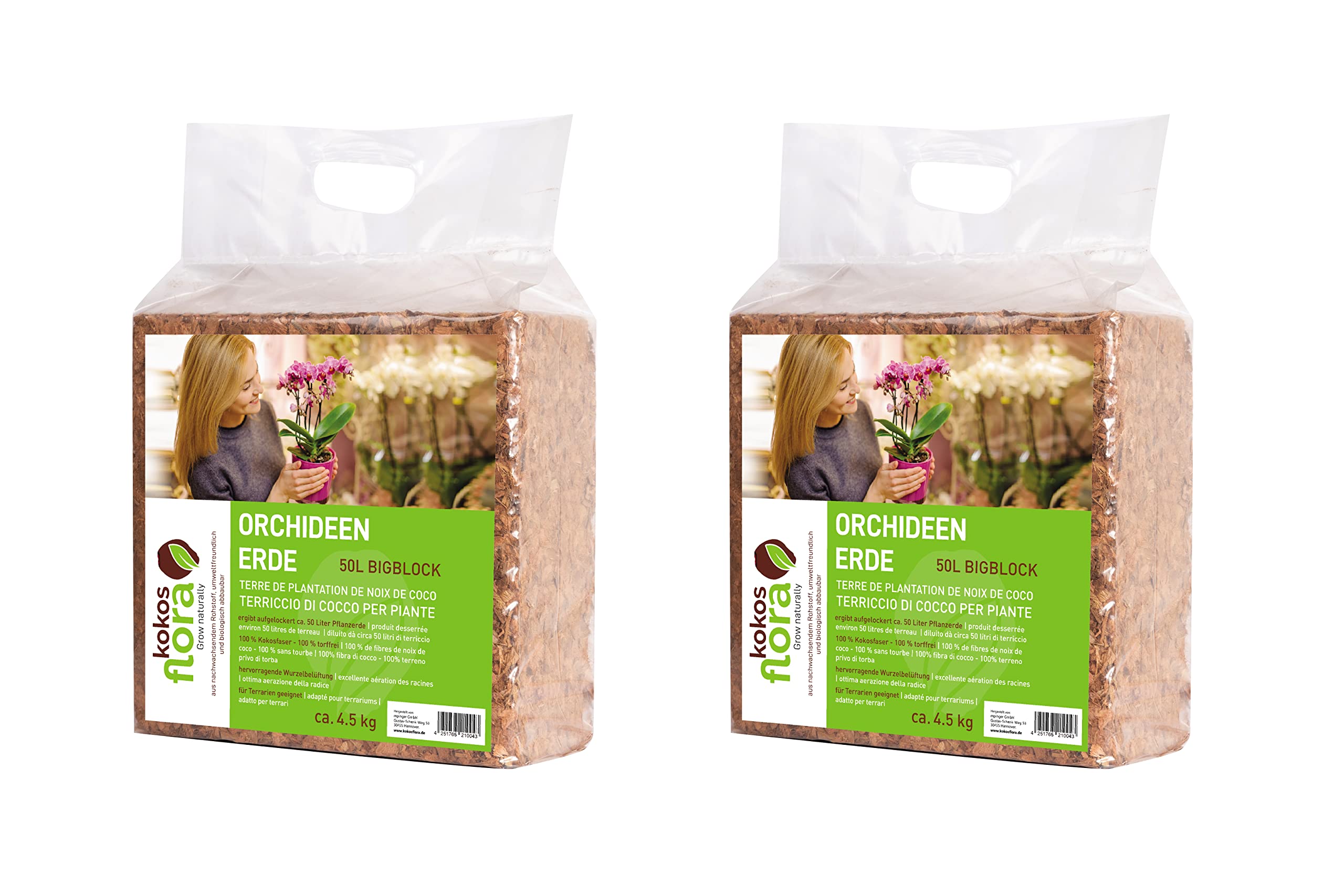 Premium Kokoschips 50L Bigblock - Torffreie Erde für Zimmerpflanzen, Balkonkästen, Gartenbeete, Orchideen - 100% biologisch abbaubar (2 x 4.5 kg - 100 L)