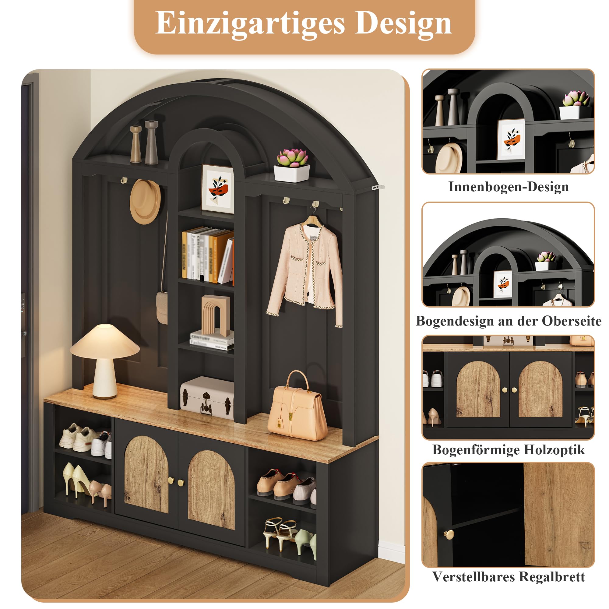 Garderobenset Hoch 195 cm mit LED Licht und Sitzbank, Garderobenschrank Flurgarderoben Set mit Haken und Schuhschrank, Schwarz
