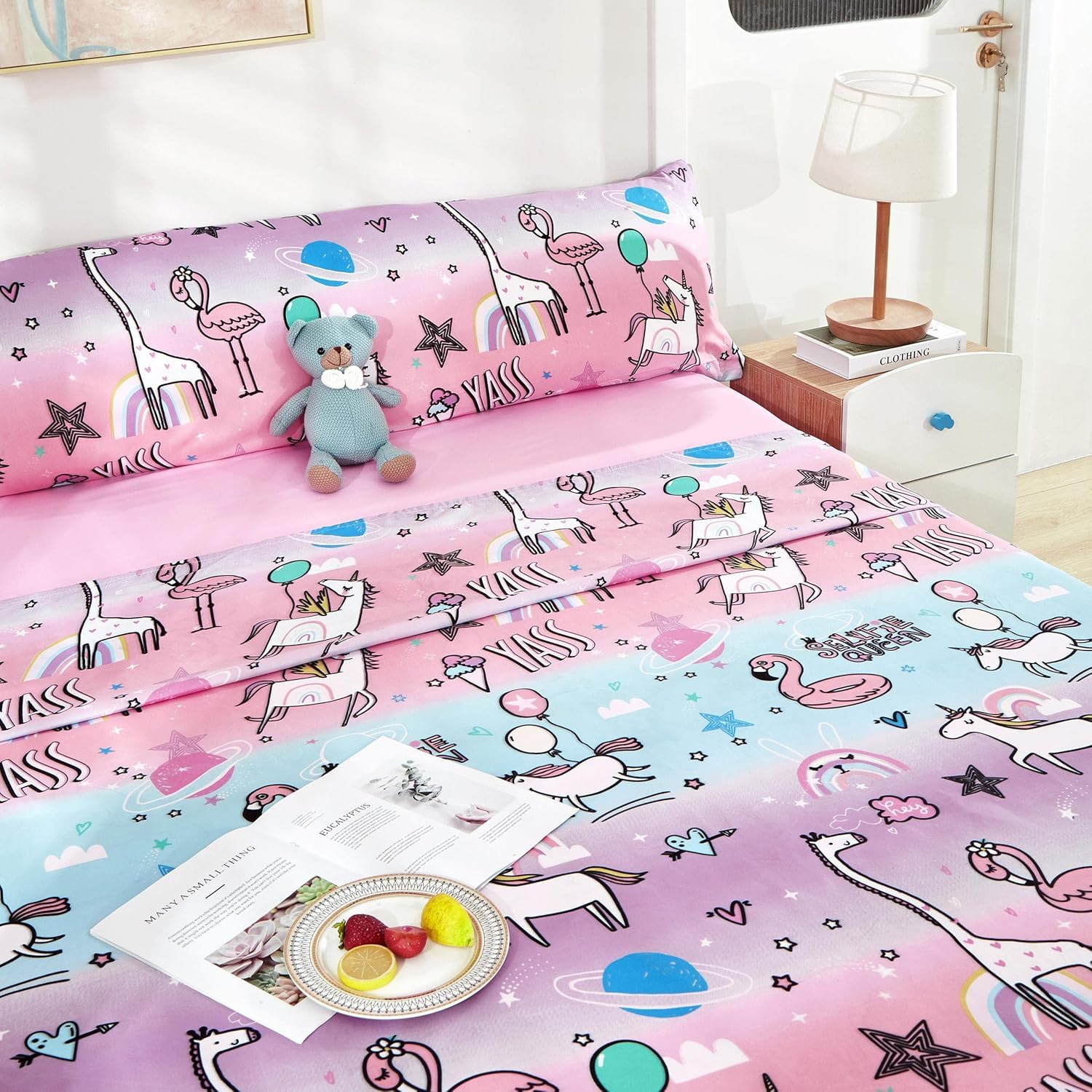 various Juego de Sábanas Infantil para Cama 90cm 3 Piezas - 1 Sábanas Bajera Ajustable con Encimera 165x260cm y 1 Funda de Almohada Larga (Unicornio Rosa)