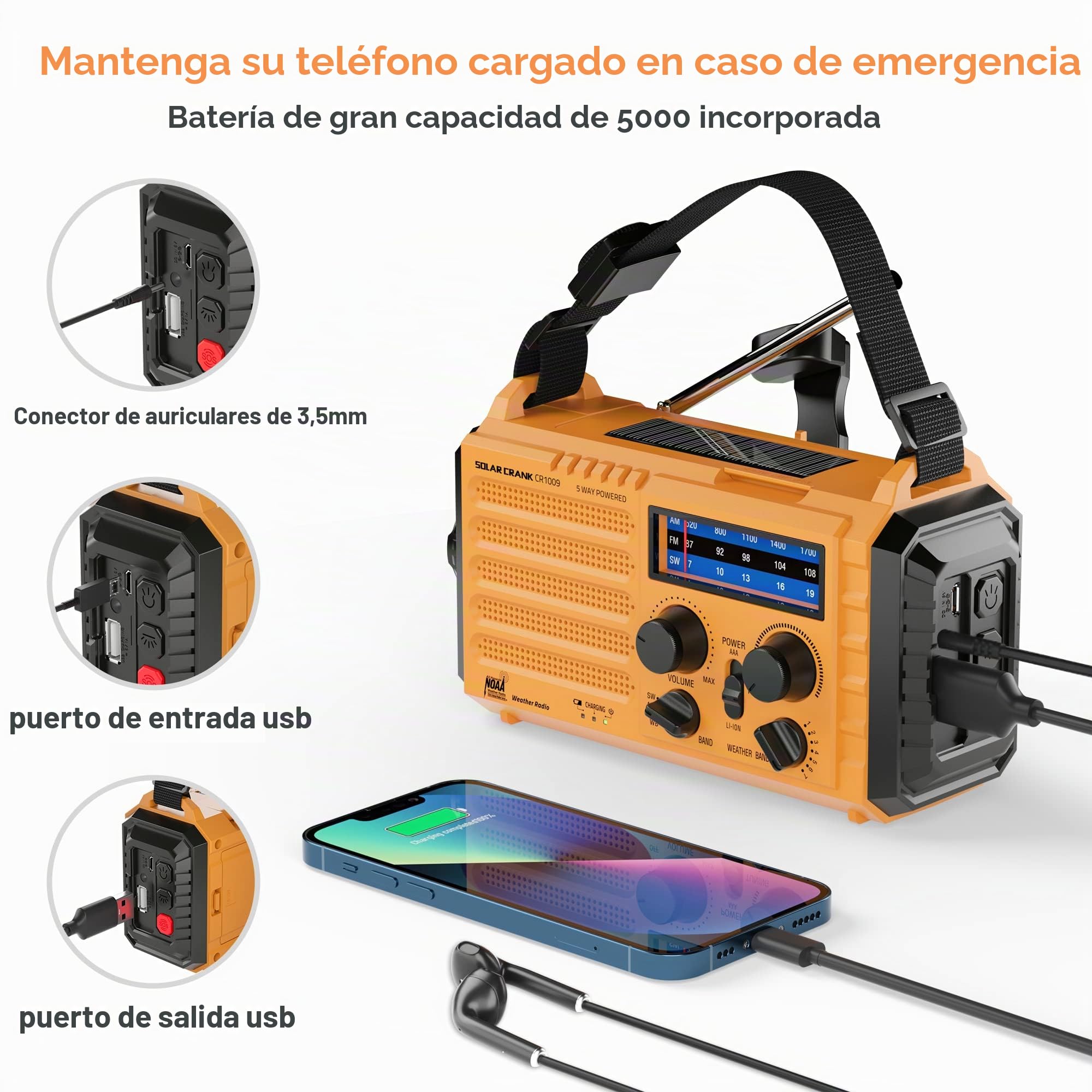 Radio de emergencia NOAA solar portátil, AM/FM, batería recargable, cargador USB, linterna, lámpara de lectura, alarma SOS
