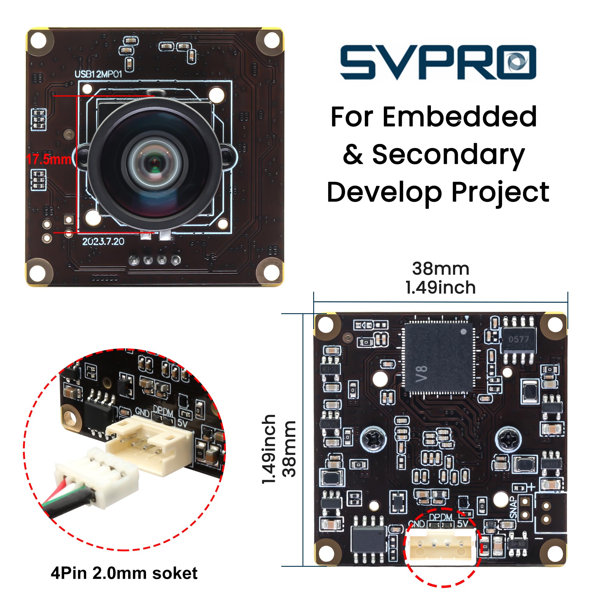Svpro Module de caméra USB 12 MP, 4 K 30 fps Lightburn IMX577 1080P 120 fps Caméra haute vitesse avec objectif de mise au point manuel M12 grand angle Caméra PC pour Raspberry Pi, Linux, Windows,