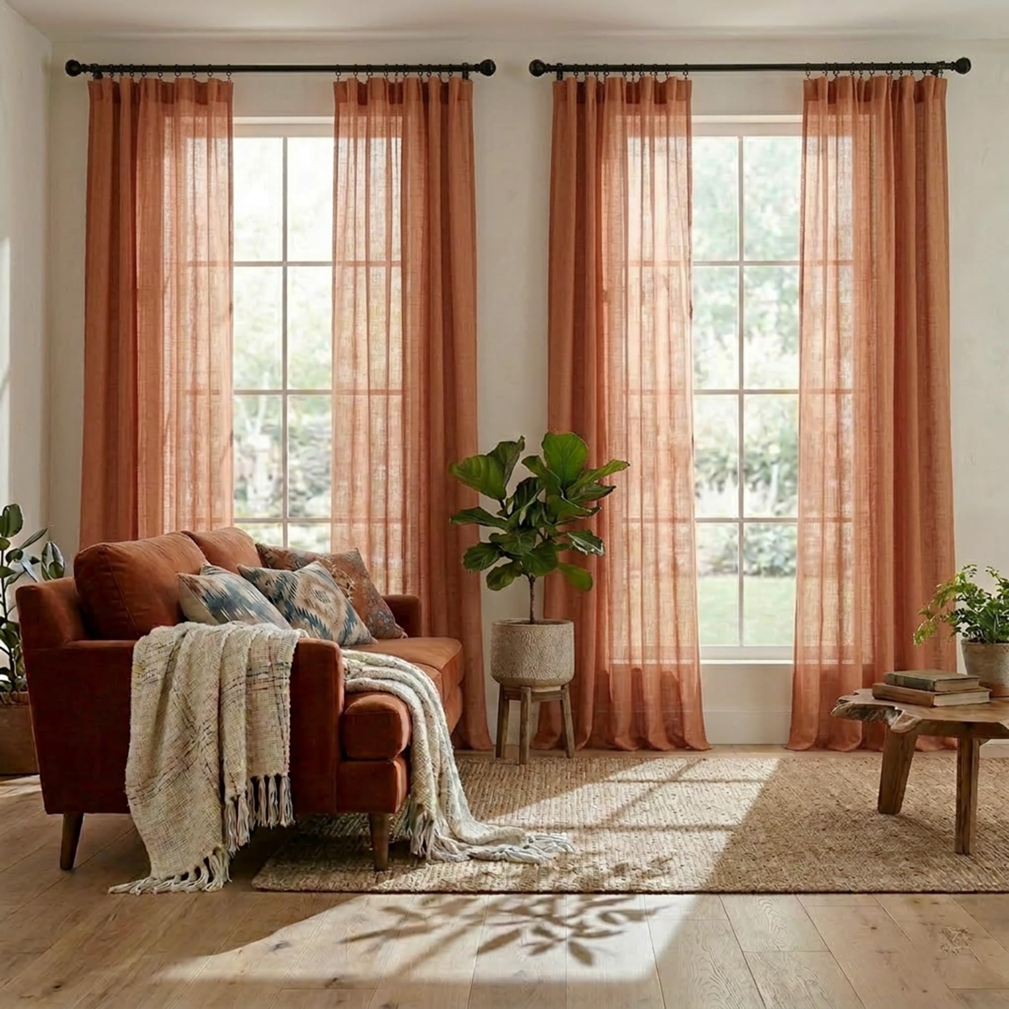 Cortinas para Salas Modernas Bohemian-Vorhänge für Wohnzimmer, mit Rückenlasche, Boho-Stil, Leinen, halbtransparent, Terrakotta-Vorhang, 228 cm lang, 2 Paneele, Cooles, maximalistisches Rost-Dekor